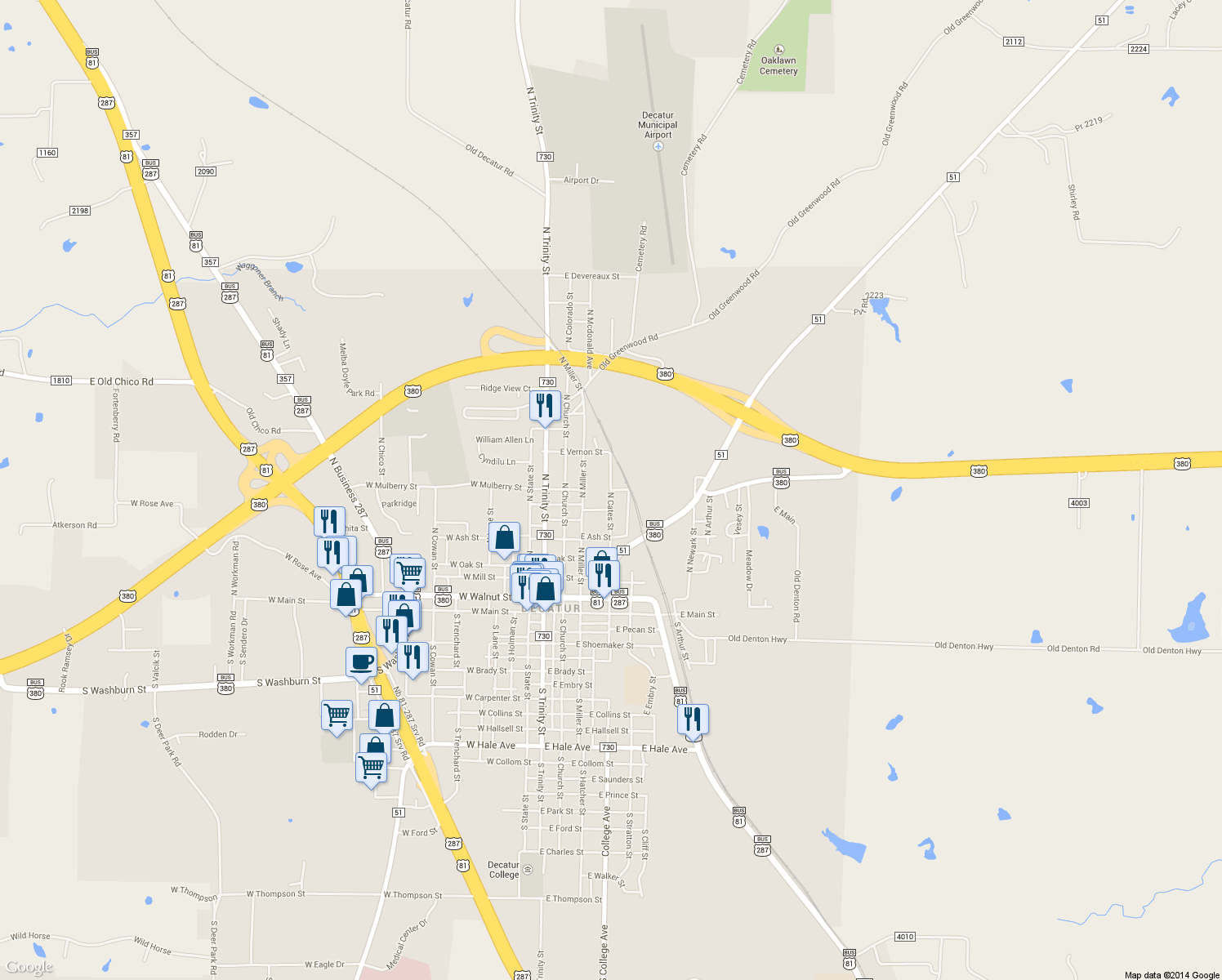 map of restaurants, bars, coffee shops, grocery stores, and more near 407 East Mulberry Street in Decatur