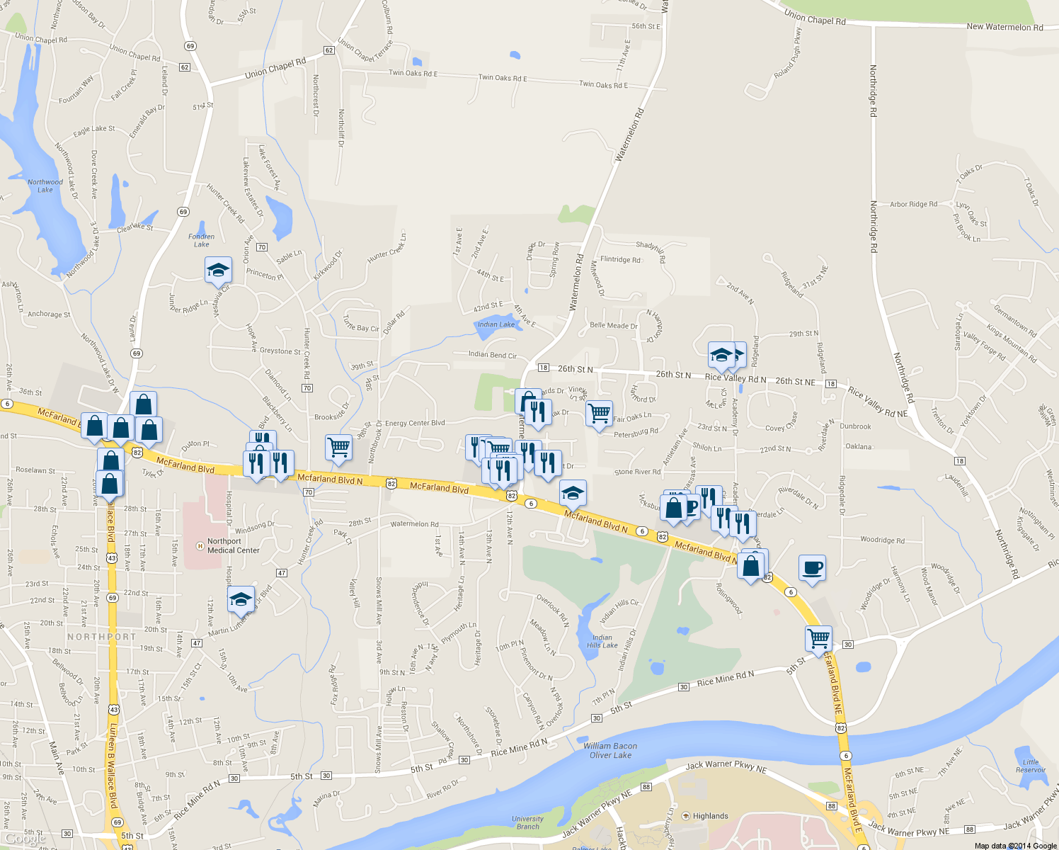 map of restaurants, bars, coffee shops, grocery stores, and more near 3798 Watermelon Road in Tuscaloosa