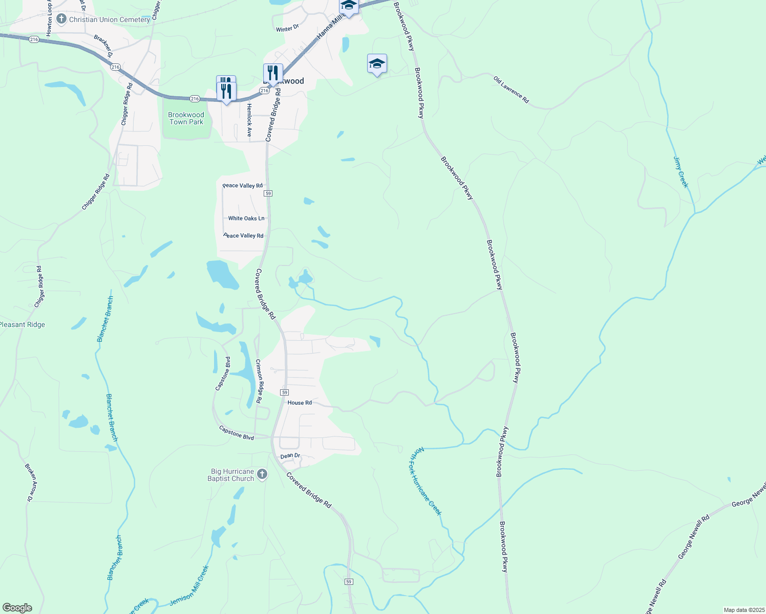 map of restaurants, bars, coffee shops, grocery stores, and more near 16419 Paradise Lane in Brookwood