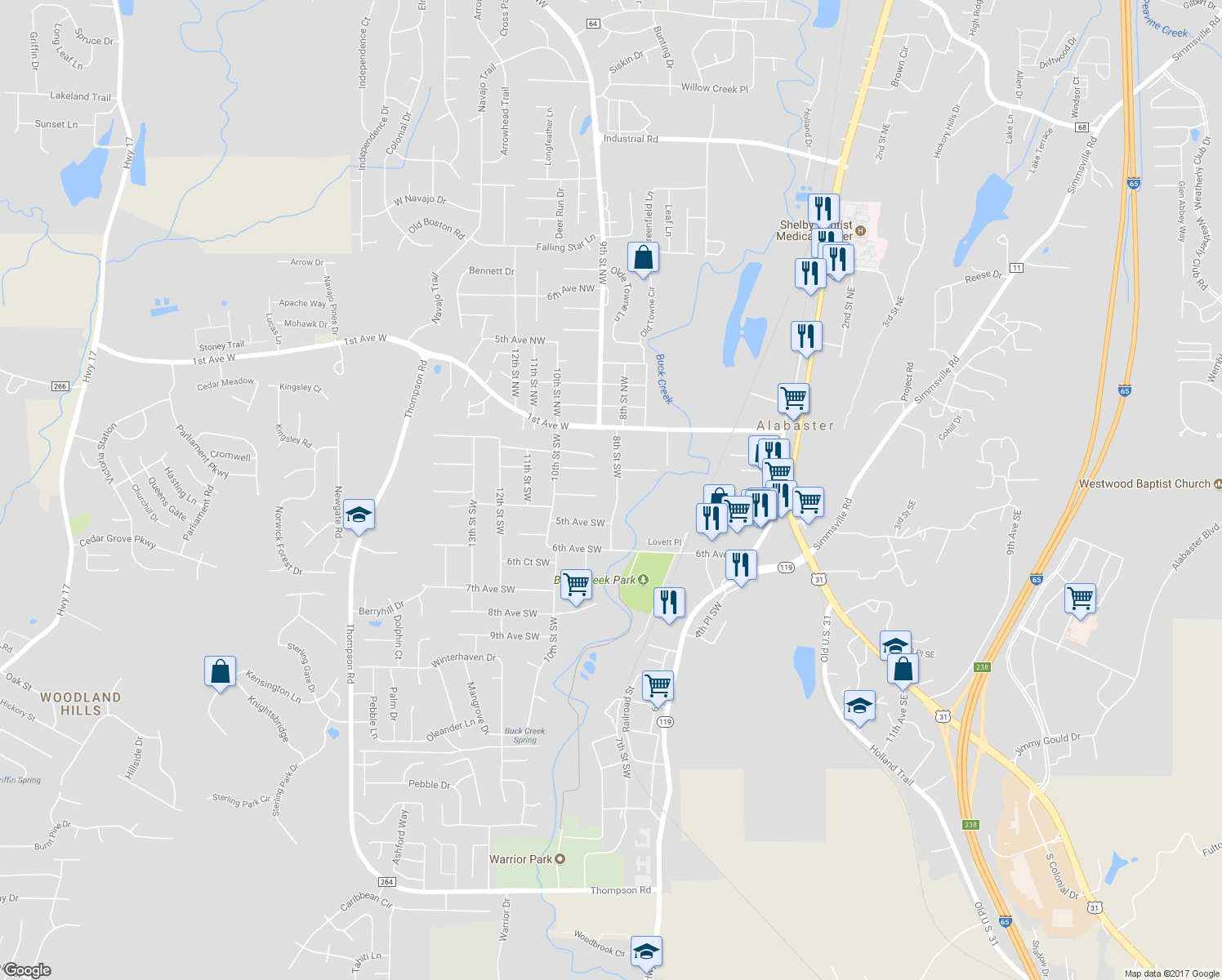 map of restaurants, bars, coffee shops, grocery stores, and more near 328 8th Street Southwest in Alabaster