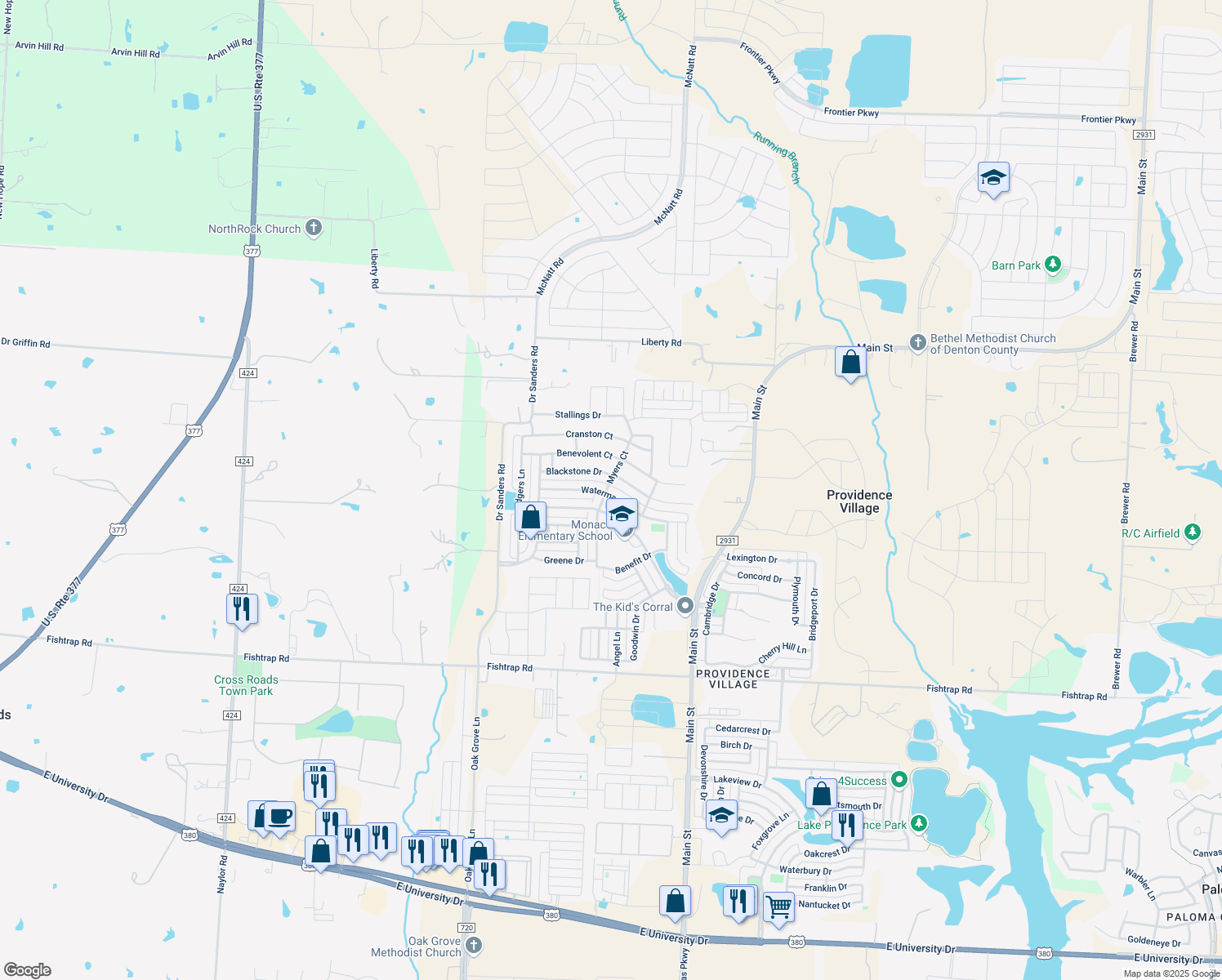 map of restaurants, bars, coffee shops, grocery stores, and more near 9201 Waterman Drive in Aubrey