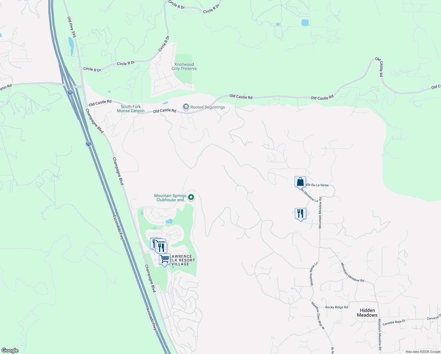 map of restaurants, bars, coffee shops, grocery stores, and more near 29528 Welk Highland Drive in Escondido