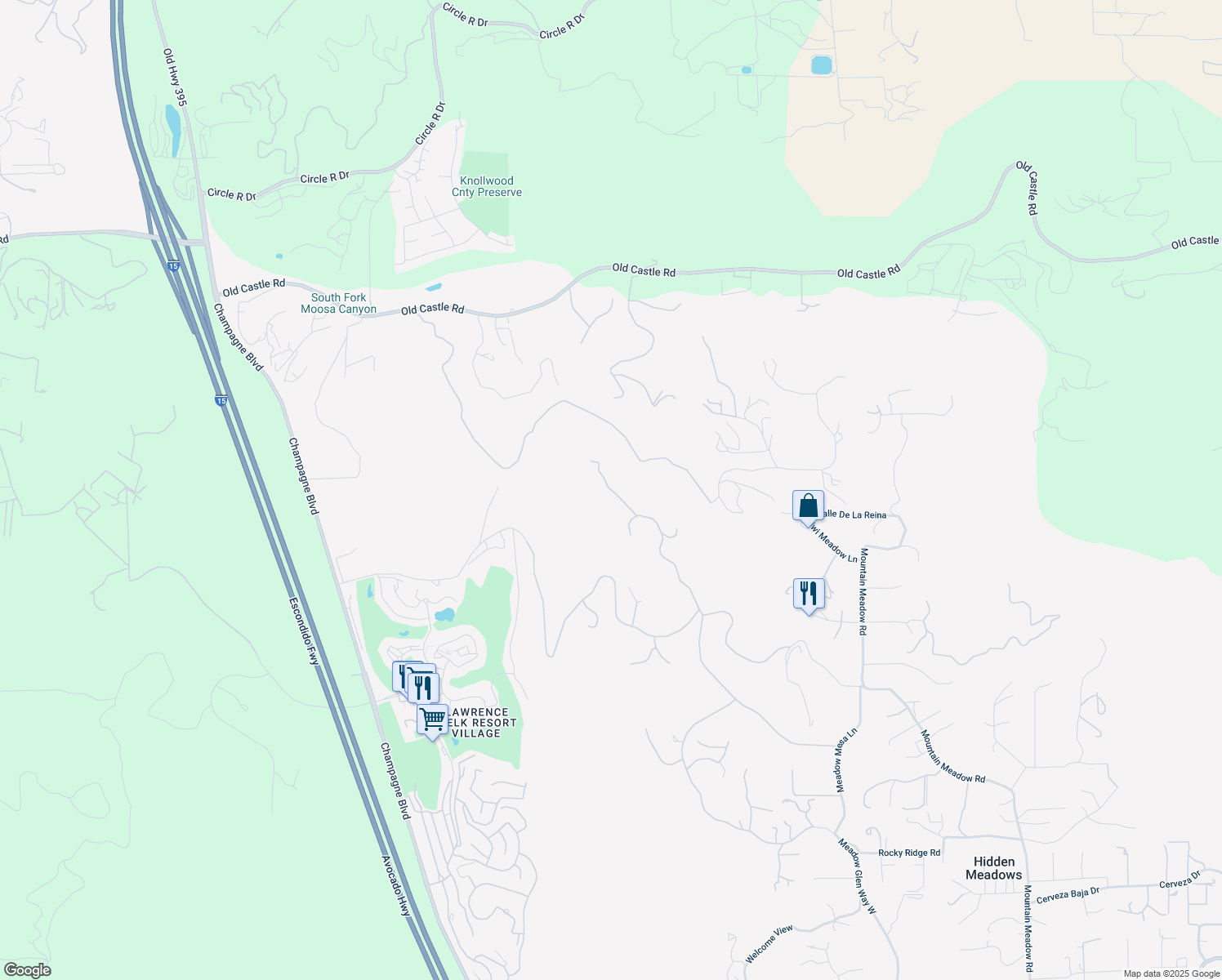 map of restaurants, bars, coffee shops, grocery stores, and more near Welk Highland Lane in Hidden Meadows