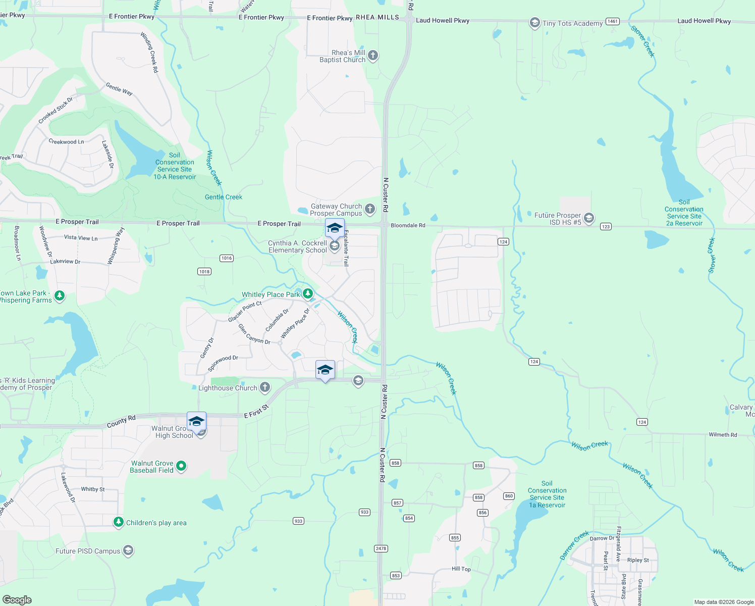 map of restaurants, bars, coffee shops, grocery stores, and more near Butchart Drive in Prosper