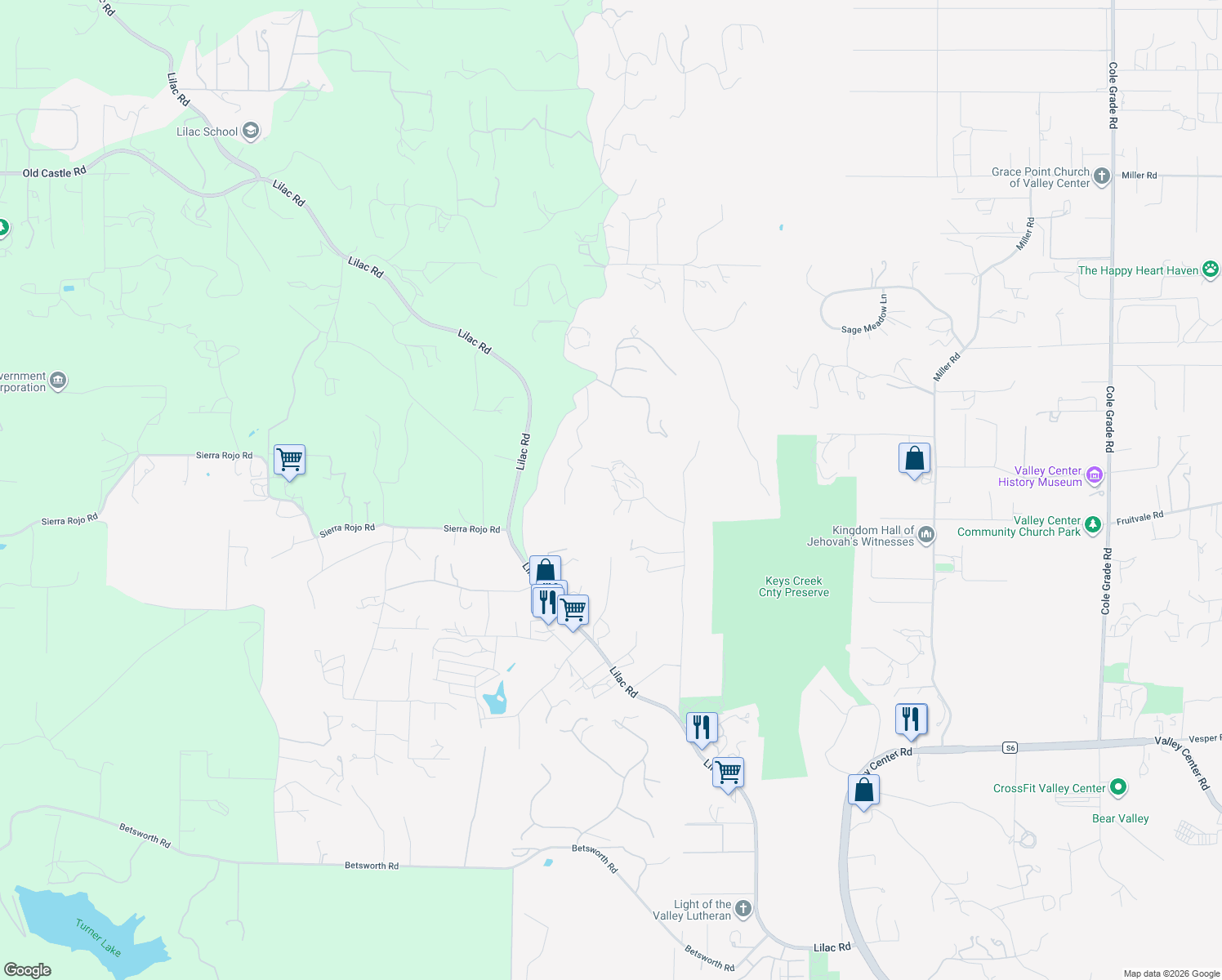 map of restaurants, bars, coffee shops, grocery stores, and more near 13065 Vía Suena in Valley Center
