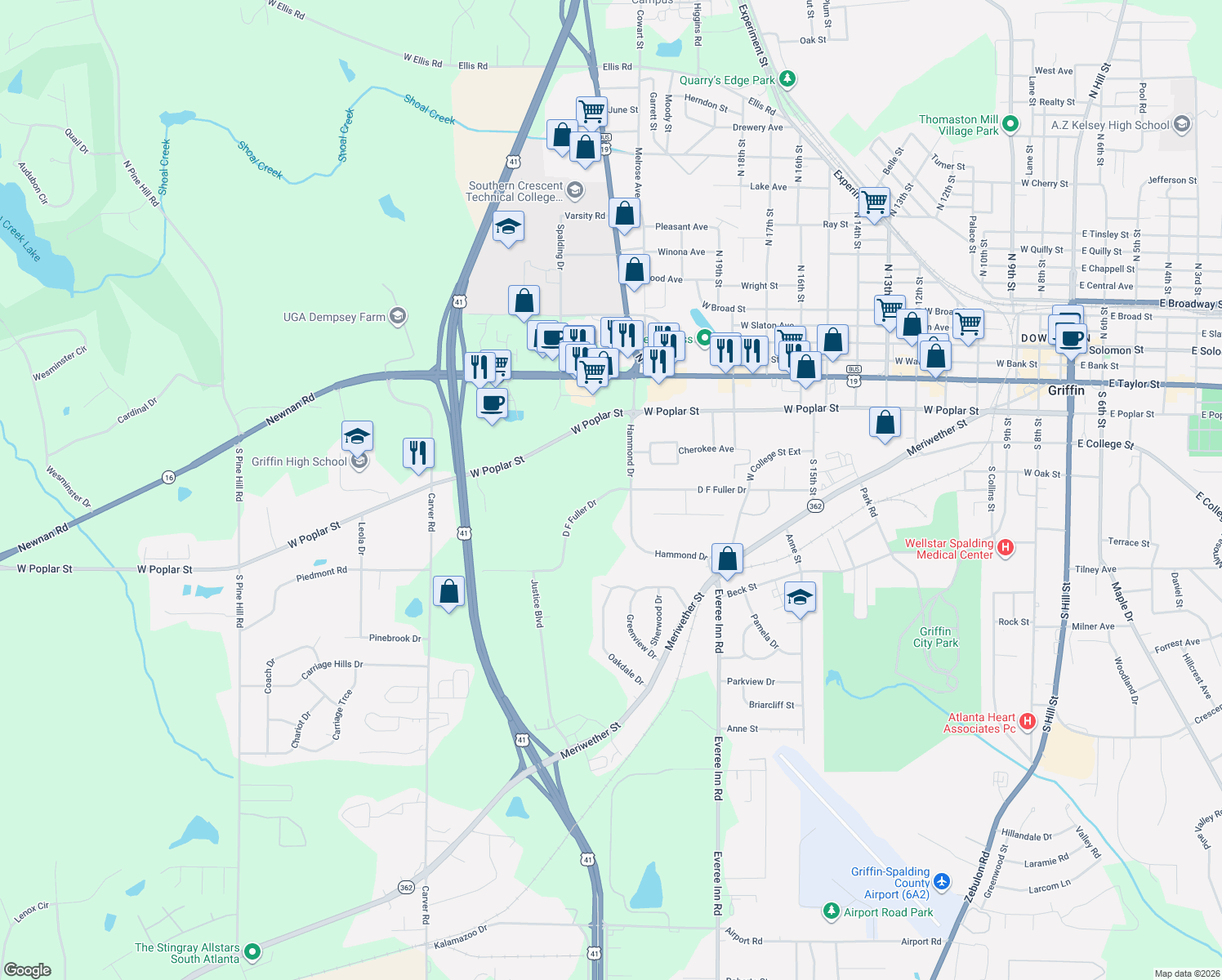 map of restaurants, bars, coffee shops, grocery stores, and more near 1329 D F Fuller Drive in Griffin