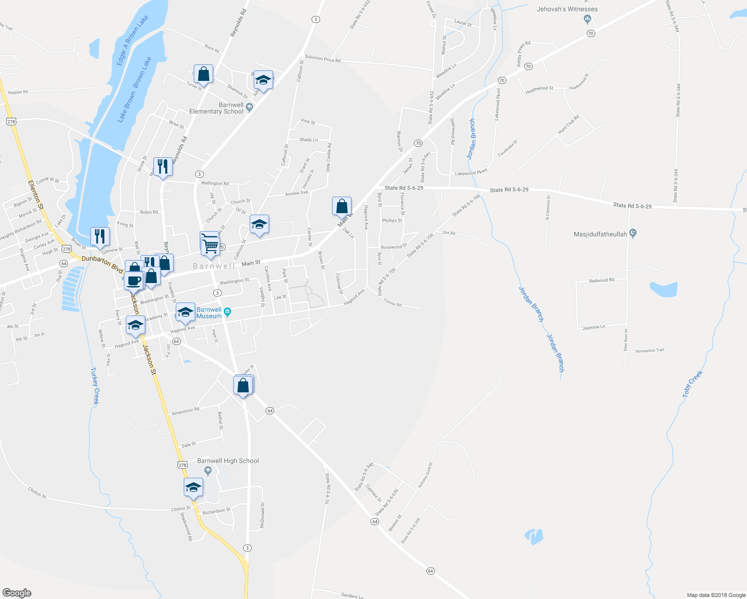 map of restaurants, bars, coffee shops, grocery stores, and more near 28 State Road S-6-706 in Barnwell