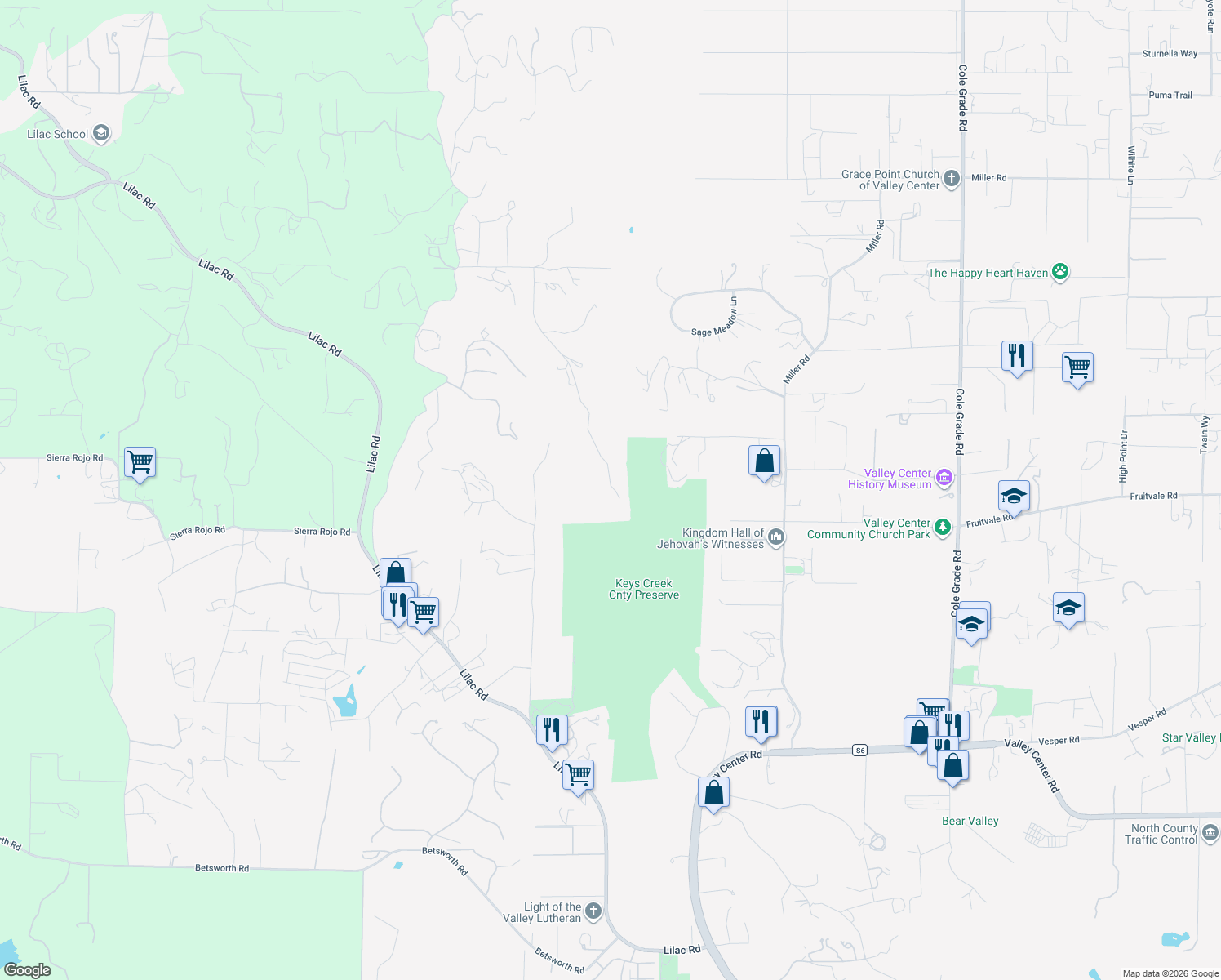 map of restaurants, bars, coffee shops, grocery stores, and more near Valley Stream Road in Valley Center