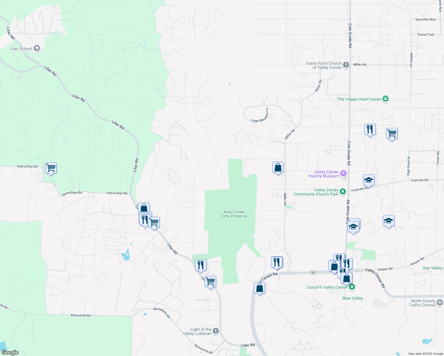map of restaurants, bars, coffee shops, grocery stores, and more near 29550 Anthony Road in Valley Center