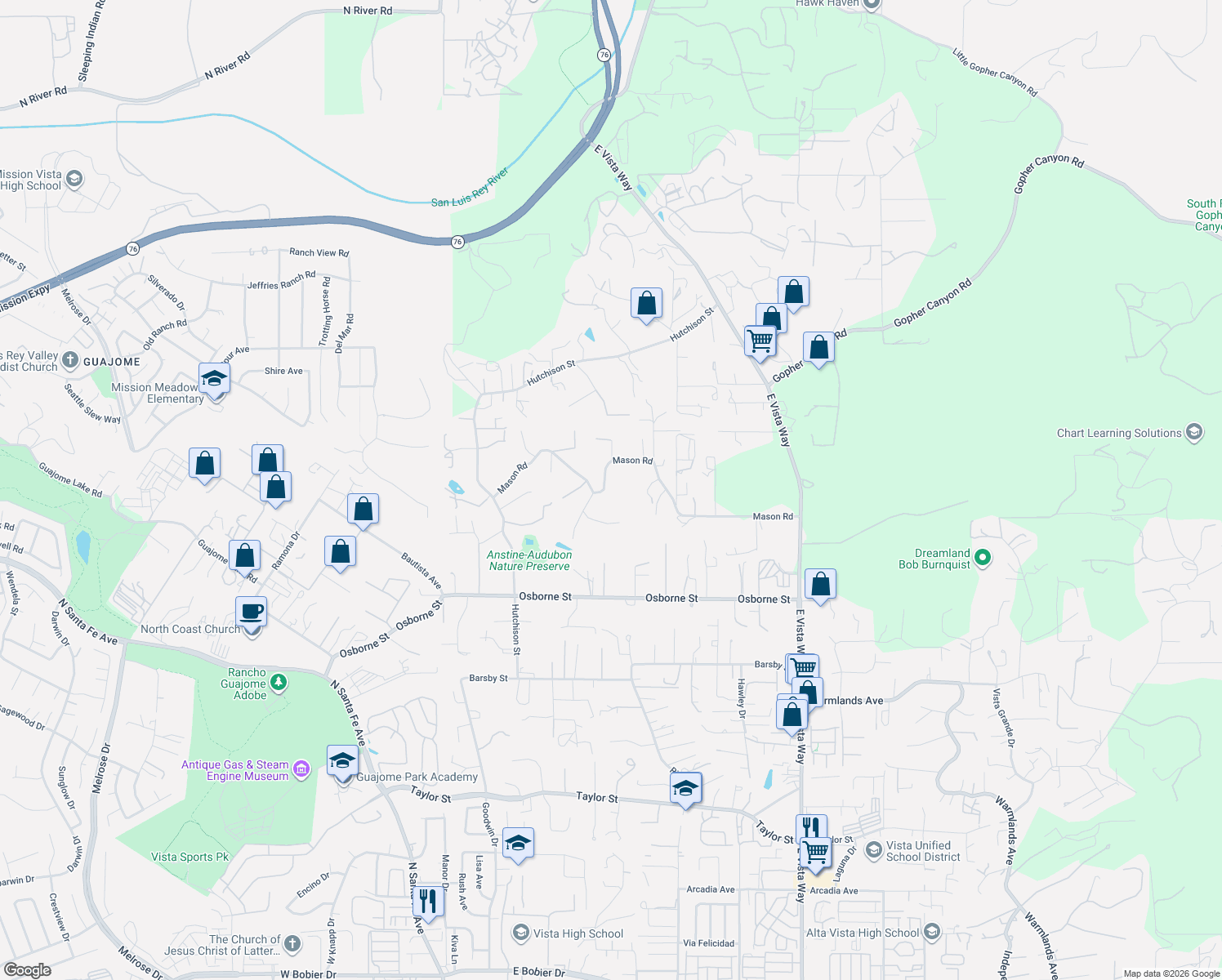 map of restaurants, bars, coffee shops, grocery stores, and more near 581 Mason Road in Vista