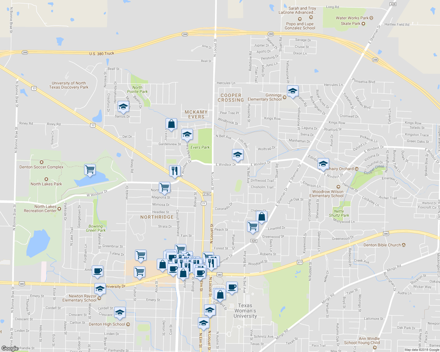 map of restaurants, bars, coffee shops, grocery stores, and more near 119 Gable Ct in Denton