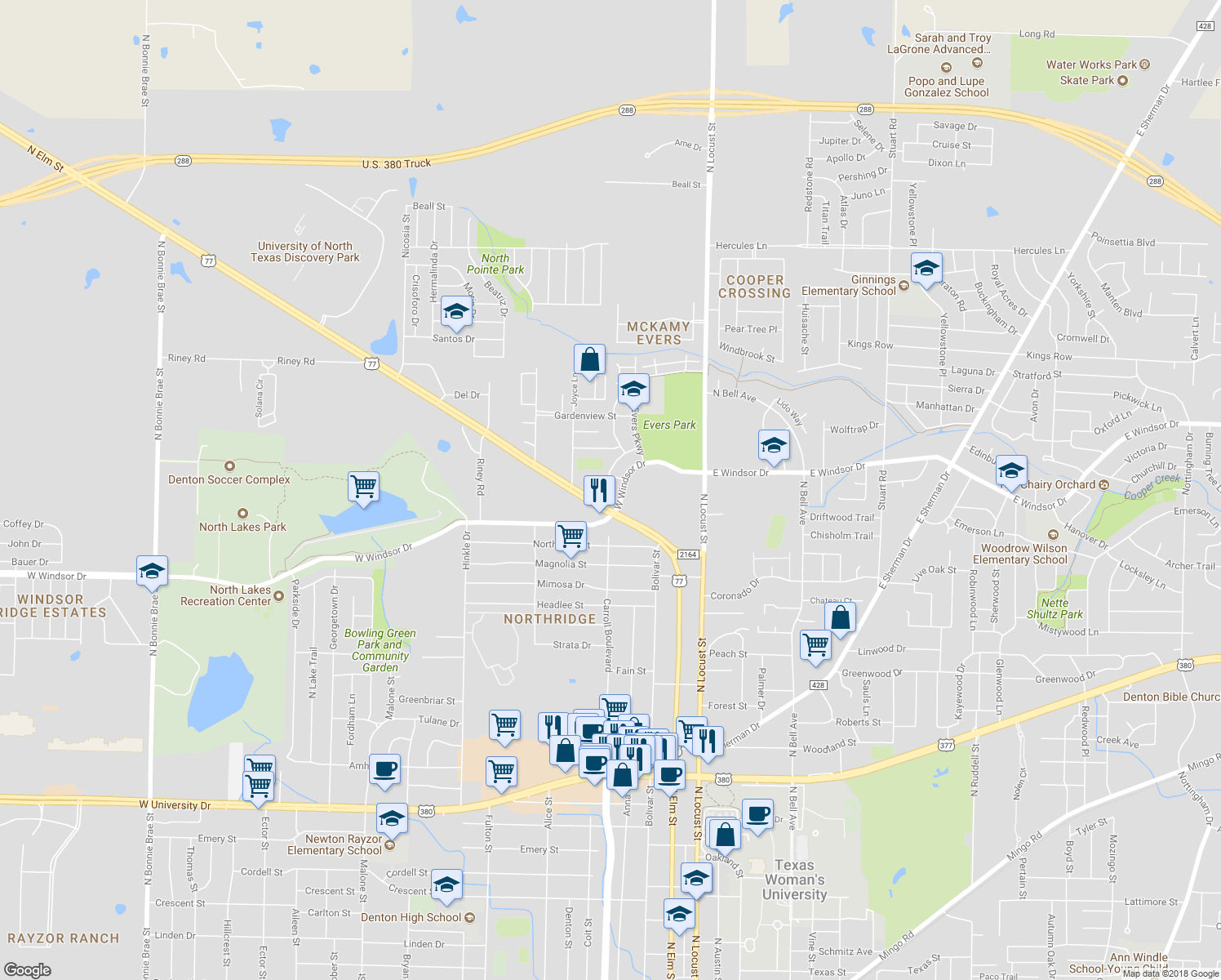 map of restaurants, bars, coffee shops, grocery stores, and more near 325 Casie Court in Denton