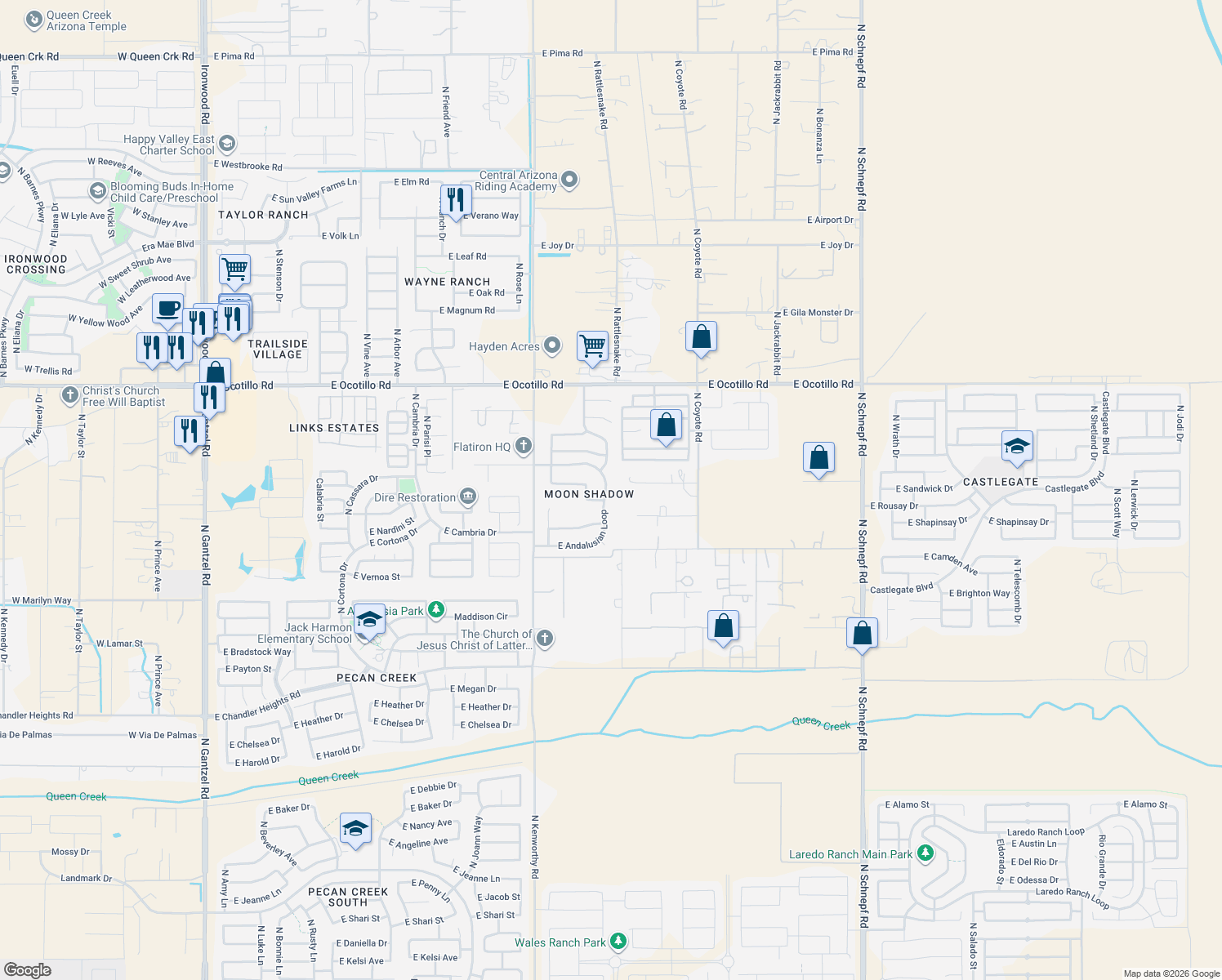 map of restaurants, bars, coffee shops, grocery stores, and more near 2225 East Andalusian Loop in San Tan Valley