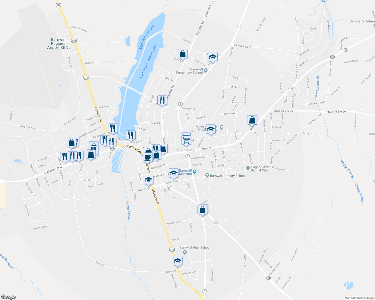map of restaurants, bars, coffee shops, grocery stores, and more near in Barnwell
