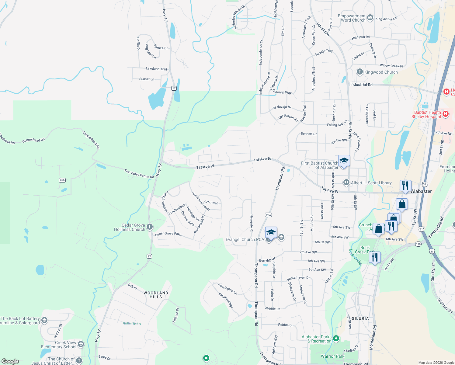 map of restaurants, bars, coffee shops, grocery stores, and more near 249 Cedar Meadow in Alabaster