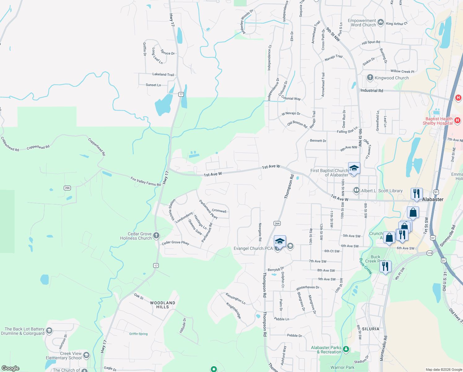 map of restaurants, bars, coffee shops, grocery stores, and more near 249 Cedar Meadow in Alabaster