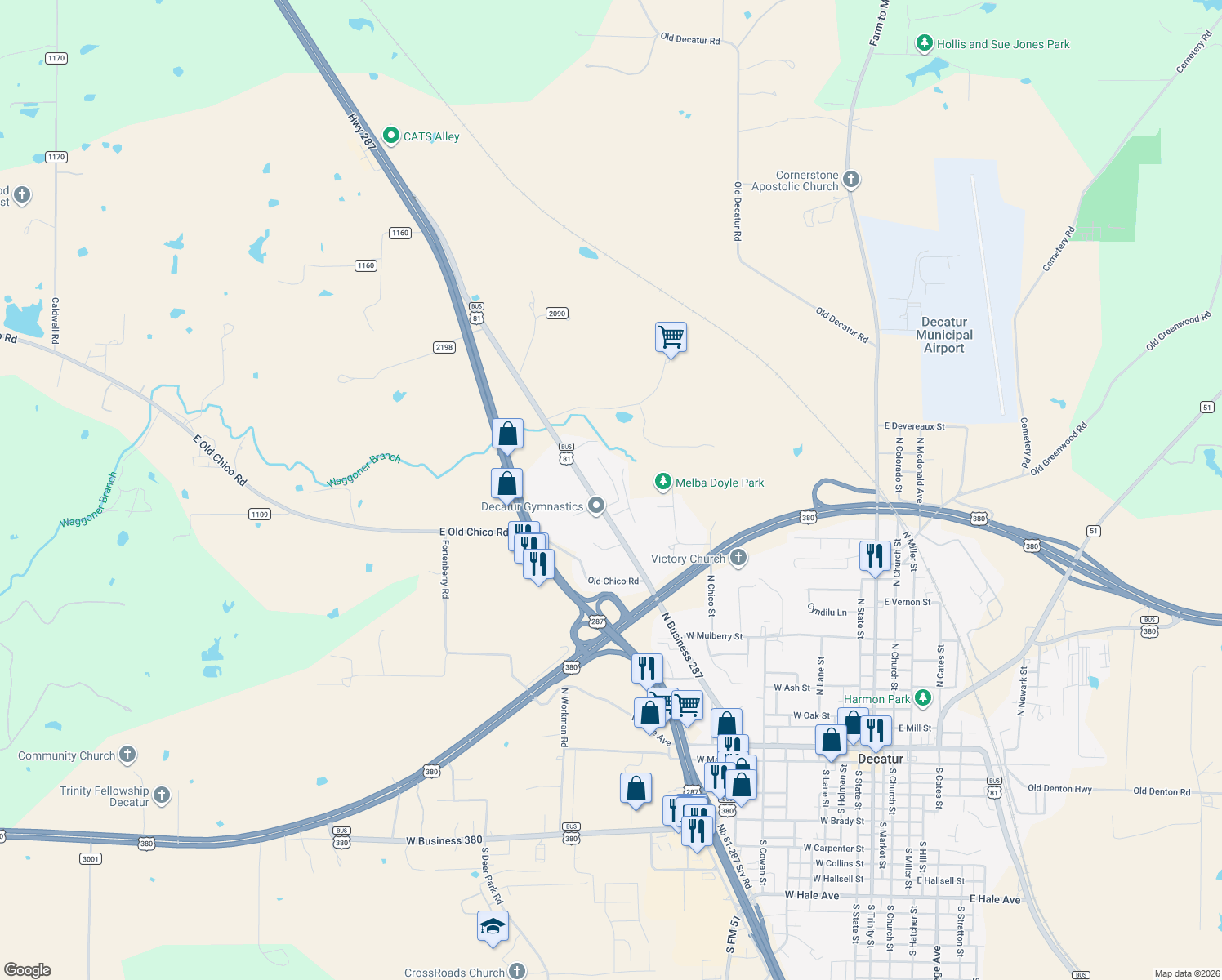 map of restaurants, bars, coffee shops, grocery stores, and more near 1403 Shady Lane in Decatur