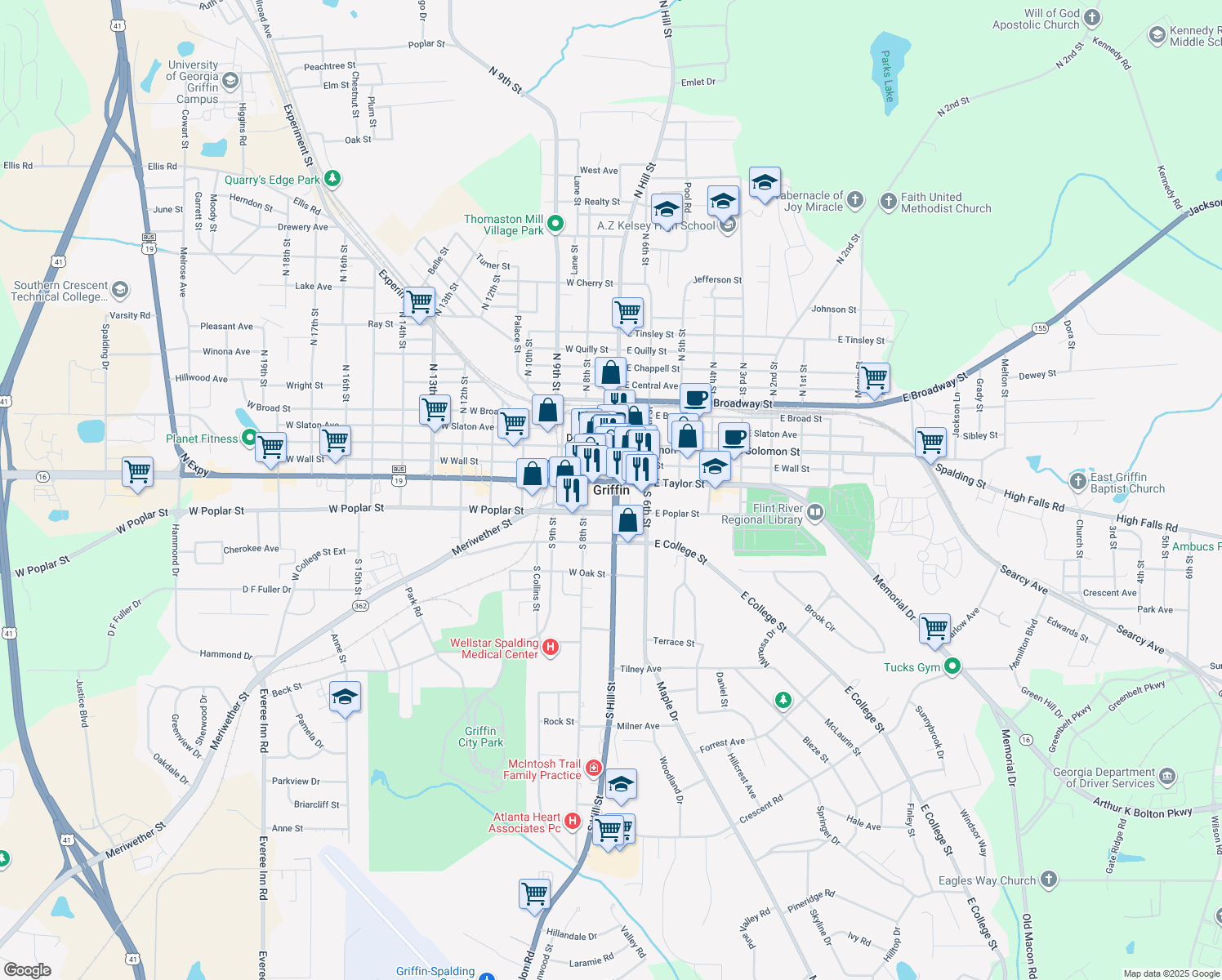 map of restaurants, bars, coffee shops, grocery stores, and more near in Griffin