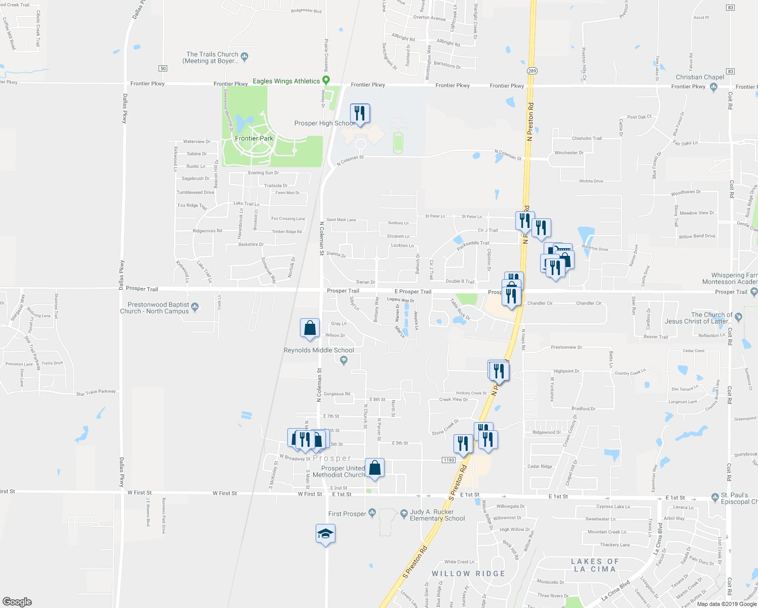 map of restaurants, bars, coffee shops, grocery stores, and more near 830 Brittany Way in Prosper