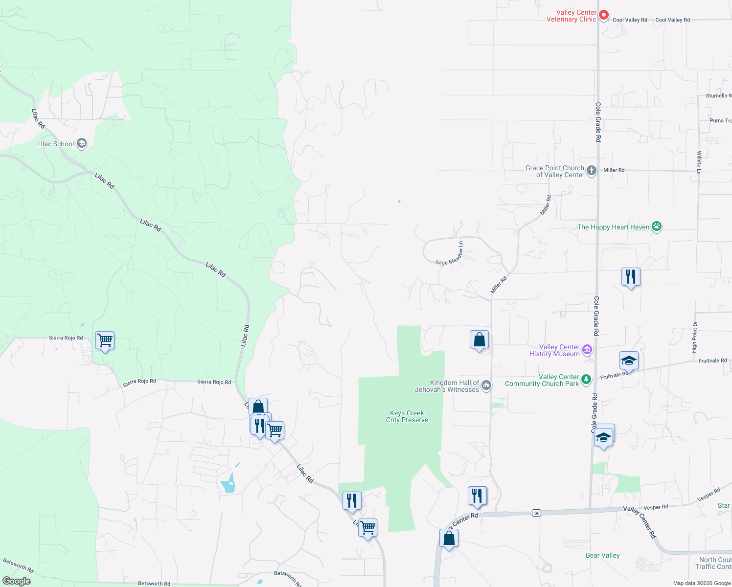 map of restaurants, bars, coffee shops, grocery stores, and more near Valley Stream Road in Valley Center