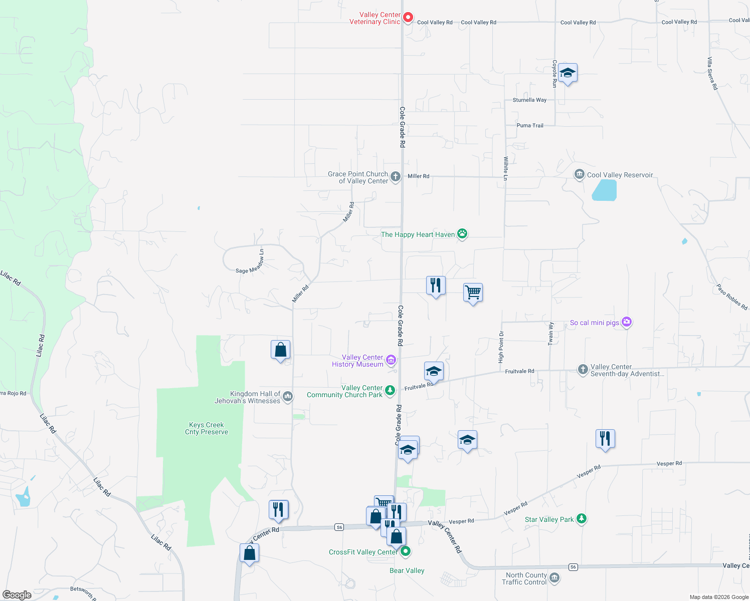 map of restaurants, bars, coffee shops, grocery stores, and more near 29406 Cole Grade Road in Valley Center