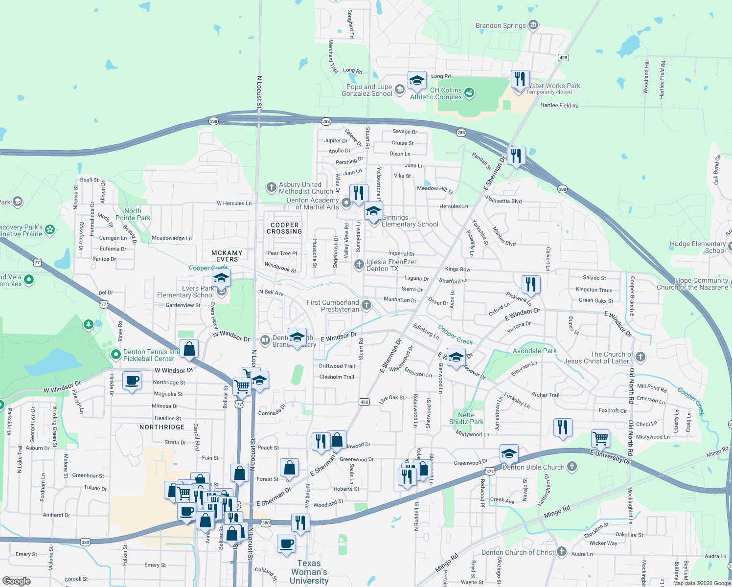 map of restaurants, bars, coffee shops, grocery stores, and more near 801 Manhattan Drive in Denton