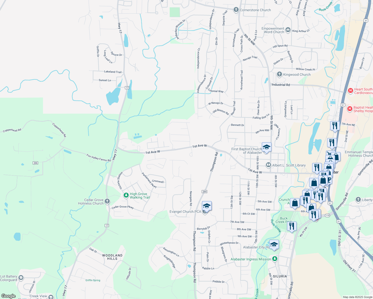 map of restaurants, bars, coffee shops, grocery stores, and more near 2000 1st Avenue West in Alabaster