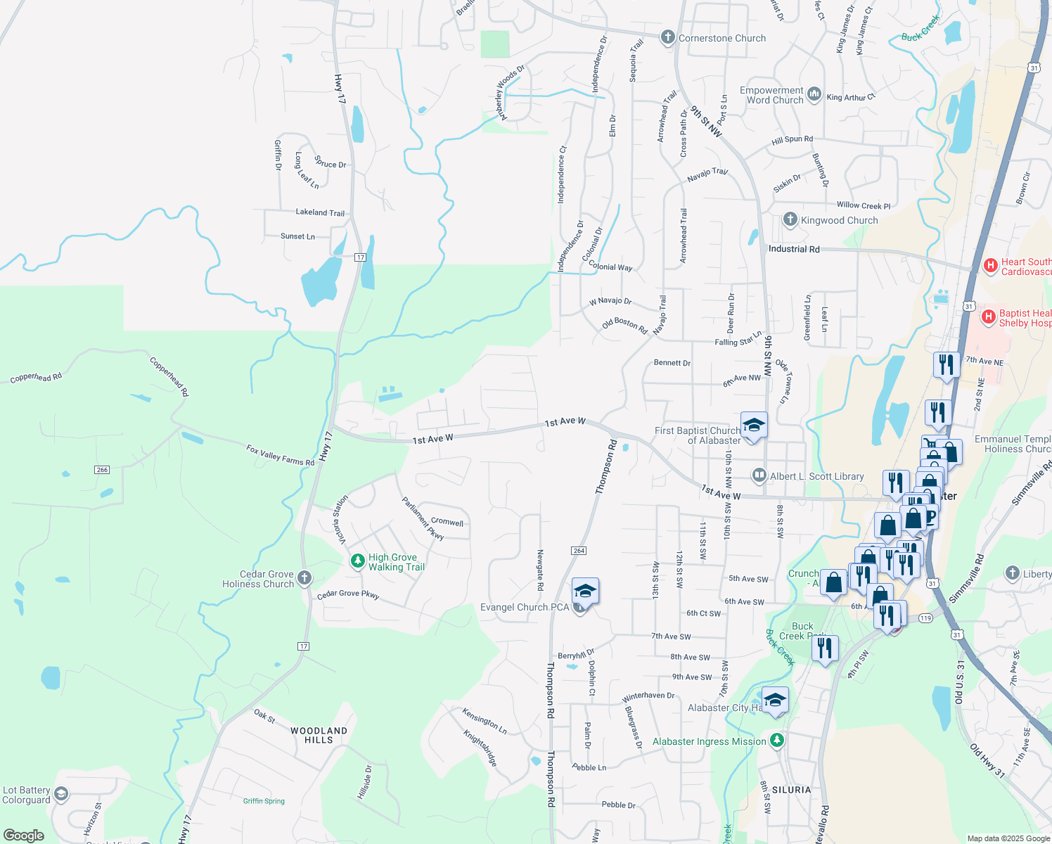 map of restaurants, bars, coffee shops, grocery stores, and more near 2000 1st Avenue West in Alabaster