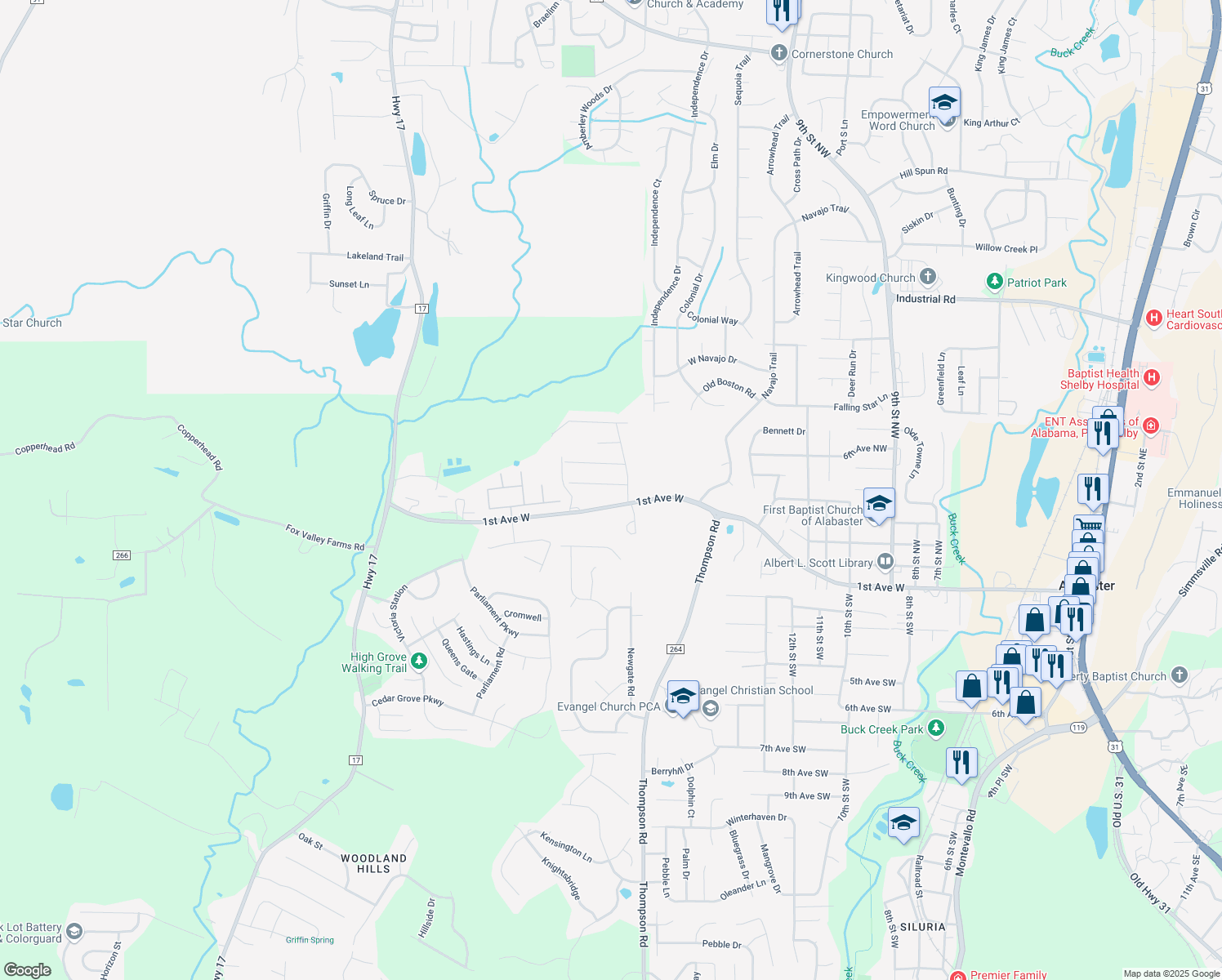map of restaurants, bars, coffee shops, grocery stores, and more near 1809 Mohawk Drive in Alabaster