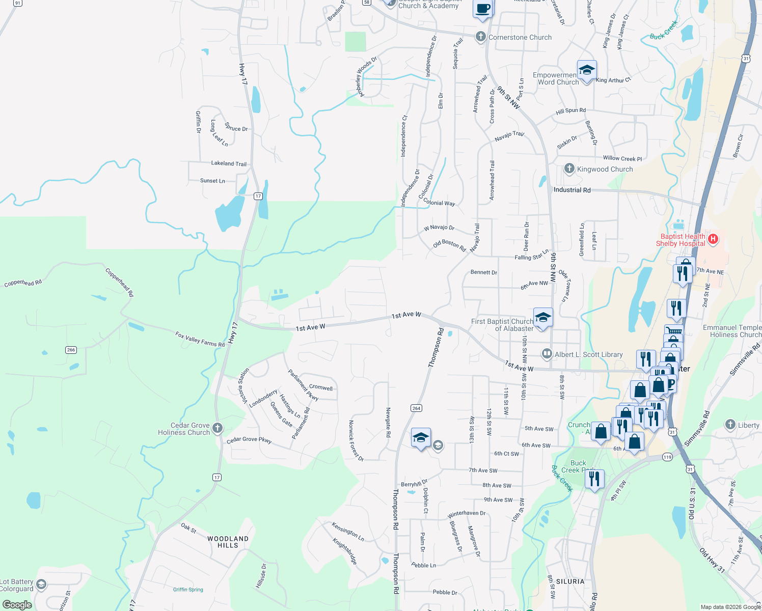 map of restaurants, bars, coffee shops, grocery stores, and more near 1804 Mohawk Dr in Alabaster