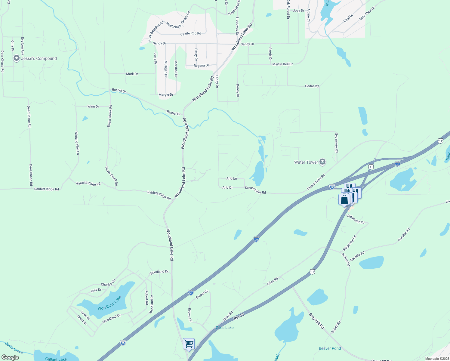 map of restaurants, bars, coffee shops, grocery stores, and more near Arlo Lane in McCalla