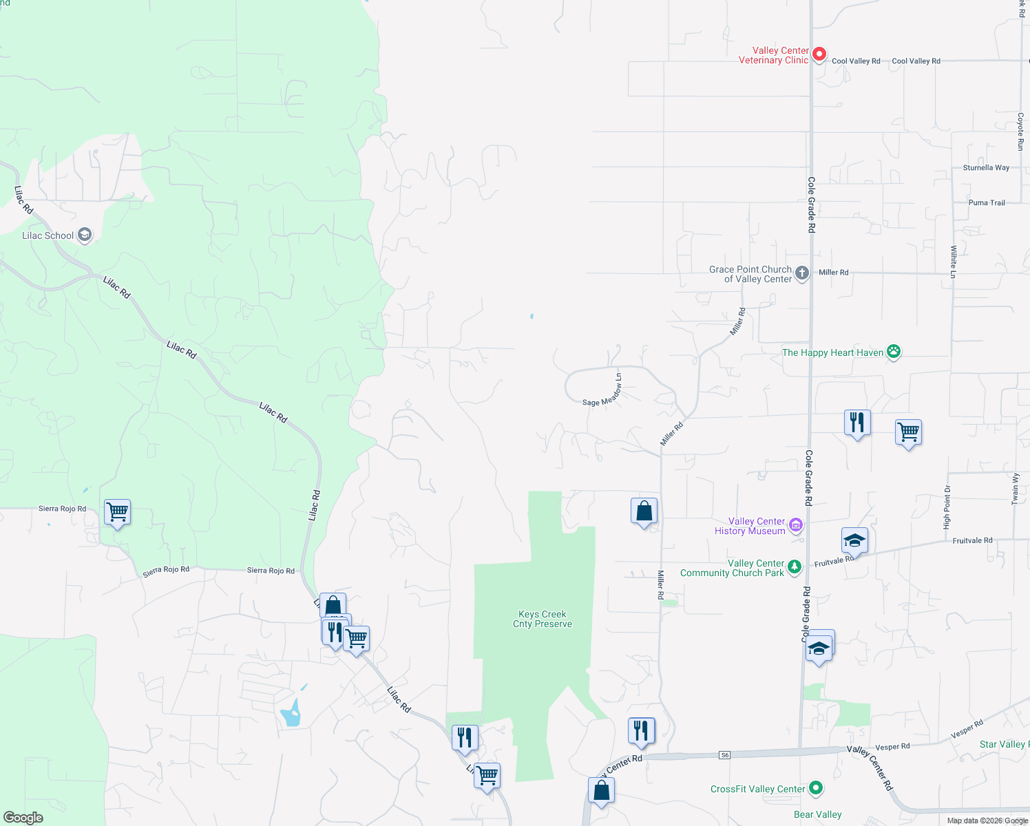 map of restaurants, bars, coffee shops, grocery stores, and more near 29679 Valley Stream Road in Valley Center