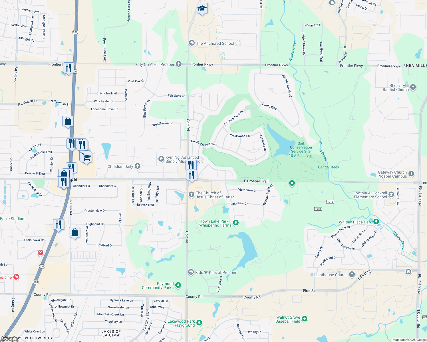 map of restaurants, bars, coffee shops, grocery stores, and more near 2700 Meadow Ridge Dr in Prosper