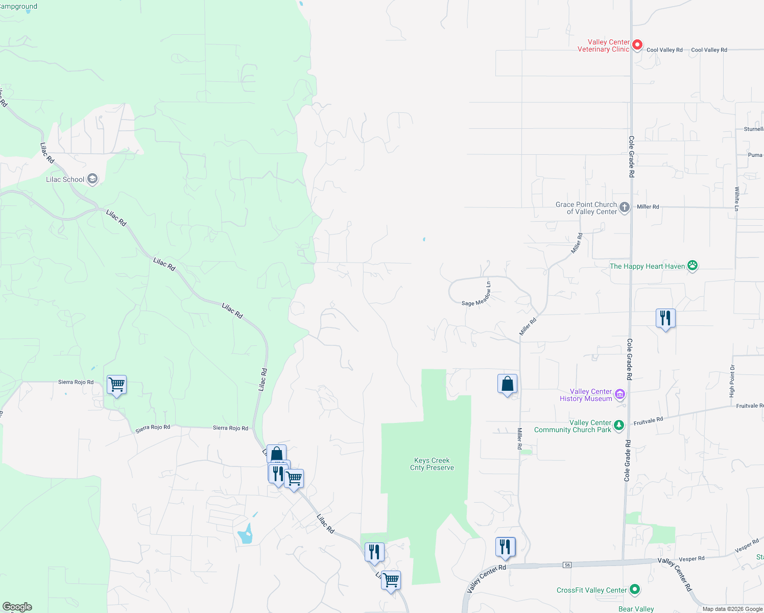 map of restaurants, bars, coffee shops, grocery stores, and more near 29679 Valley Stream Road in Valley Center