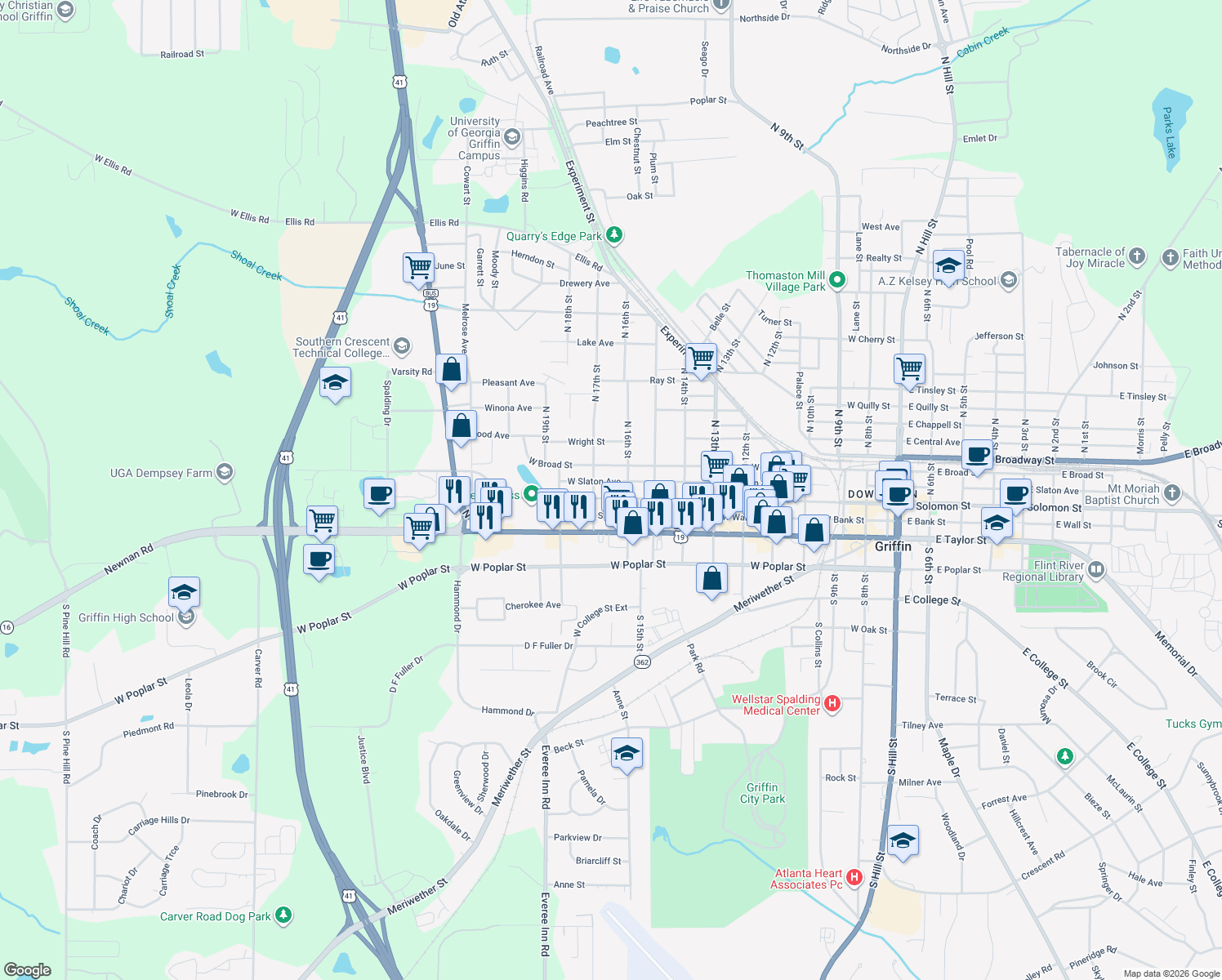 map of restaurants, bars, coffee shops, grocery stores, and more near 1009 West Solomon Street in Griffin