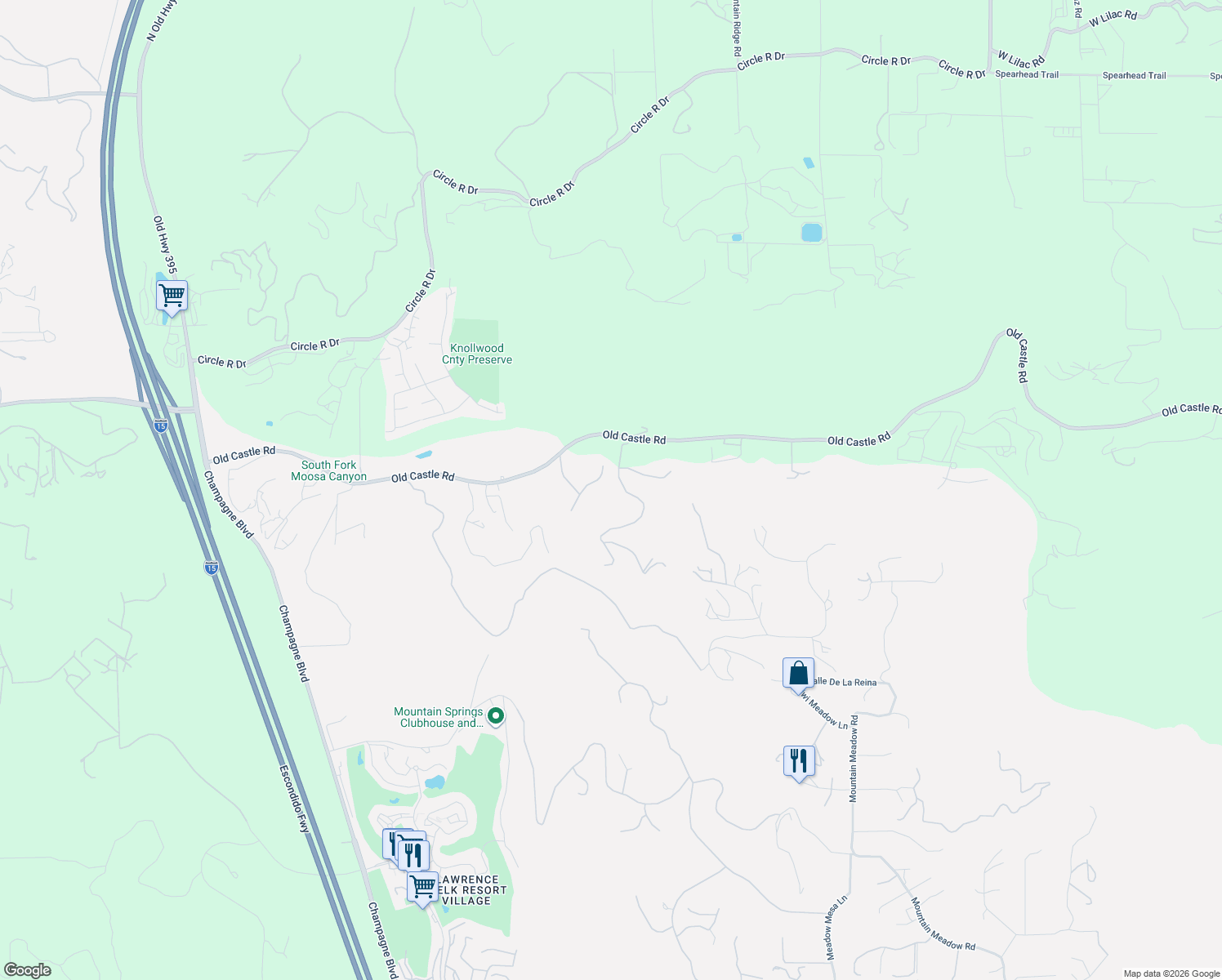 map of restaurants, bars, coffee shops, grocery stores, and more near 9265 Cedar Trails Lane in Valley Center