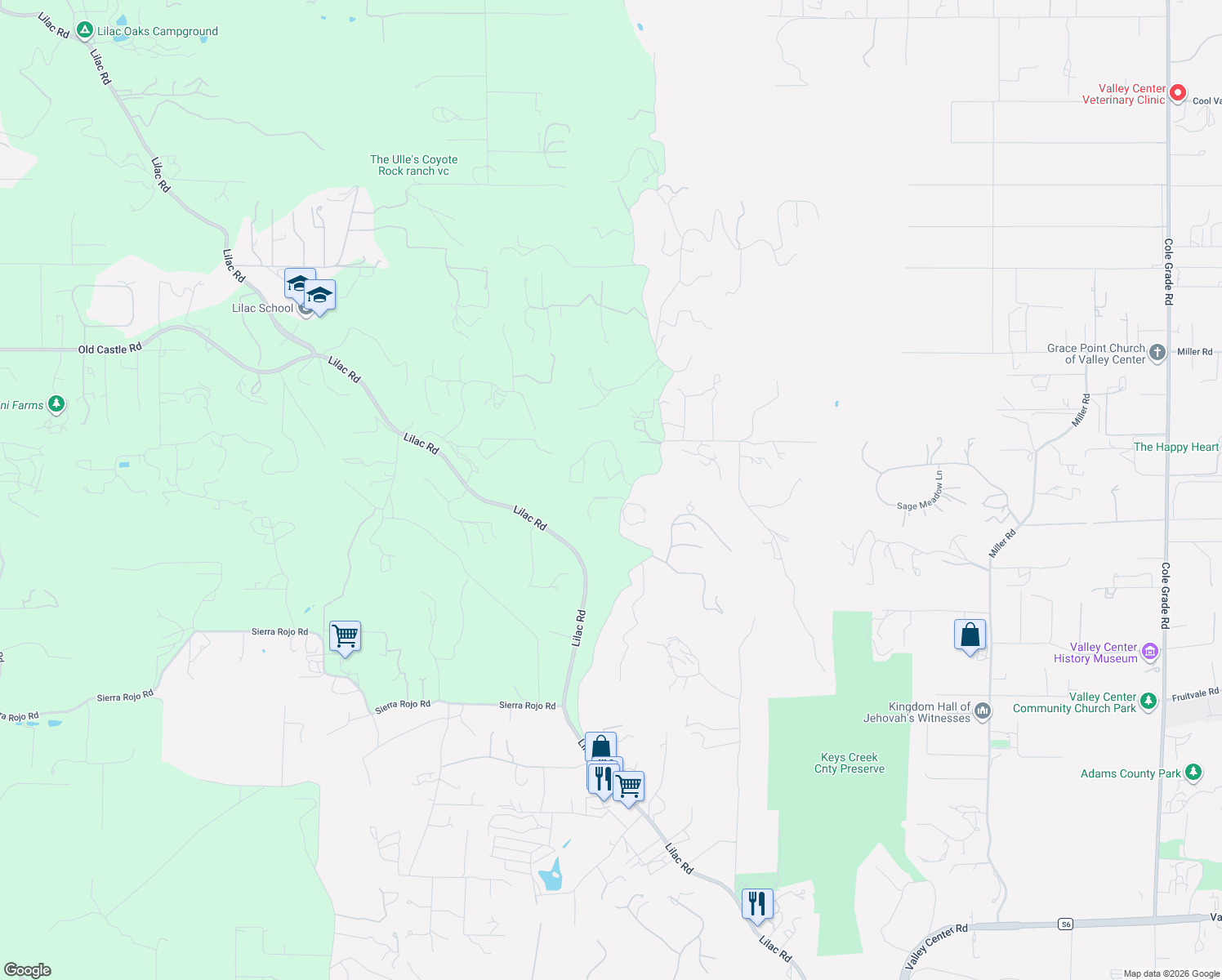 map of restaurants, bars, coffee shops, grocery stores, and more near 29608 Anthony Road in Valley Center