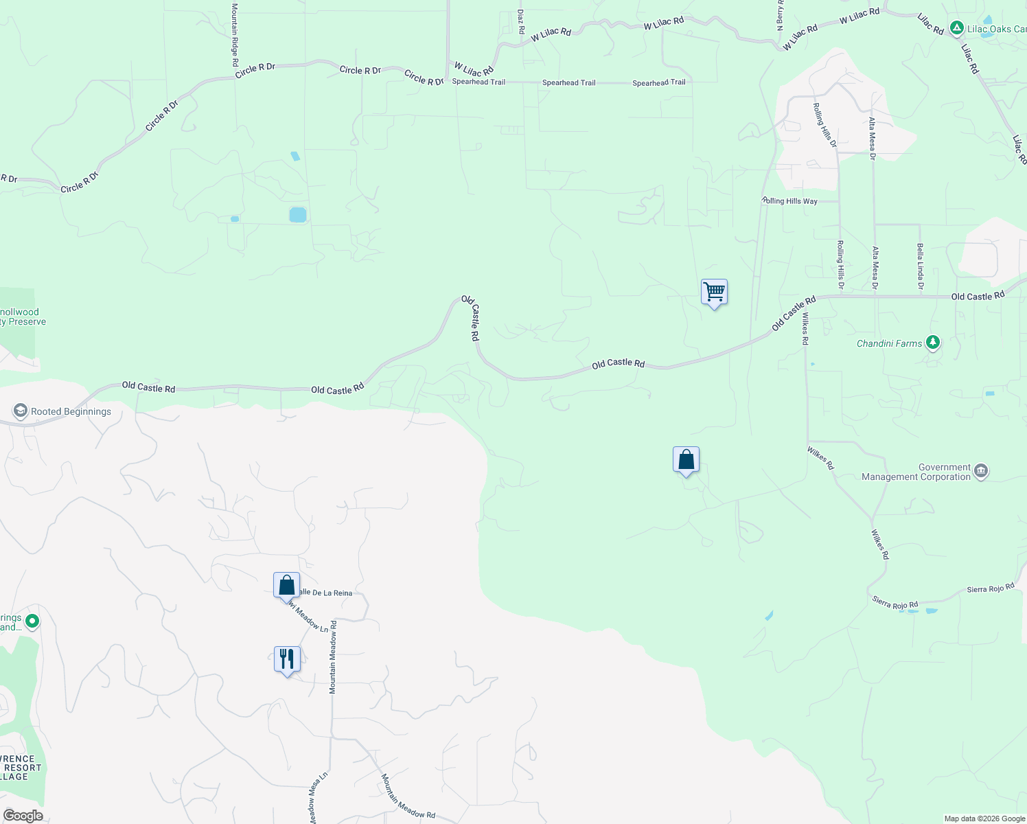 map of restaurants, bars, coffee shops, grocery stores, and more near 10361 Old Castle Road in Valley Center