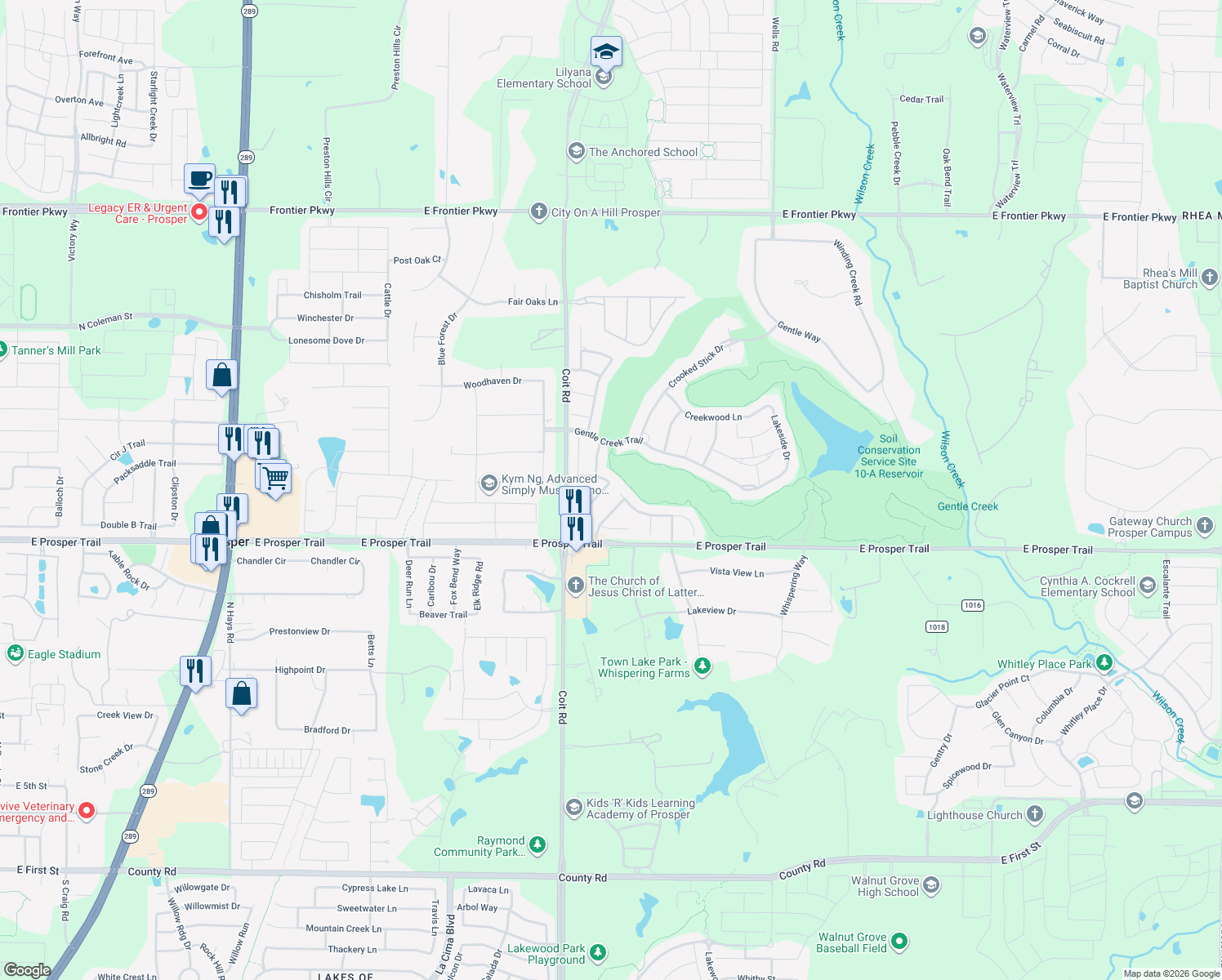 map of restaurants, bars, coffee shops, grocery stores, and more near 990 Woodstream Dr in Prosper