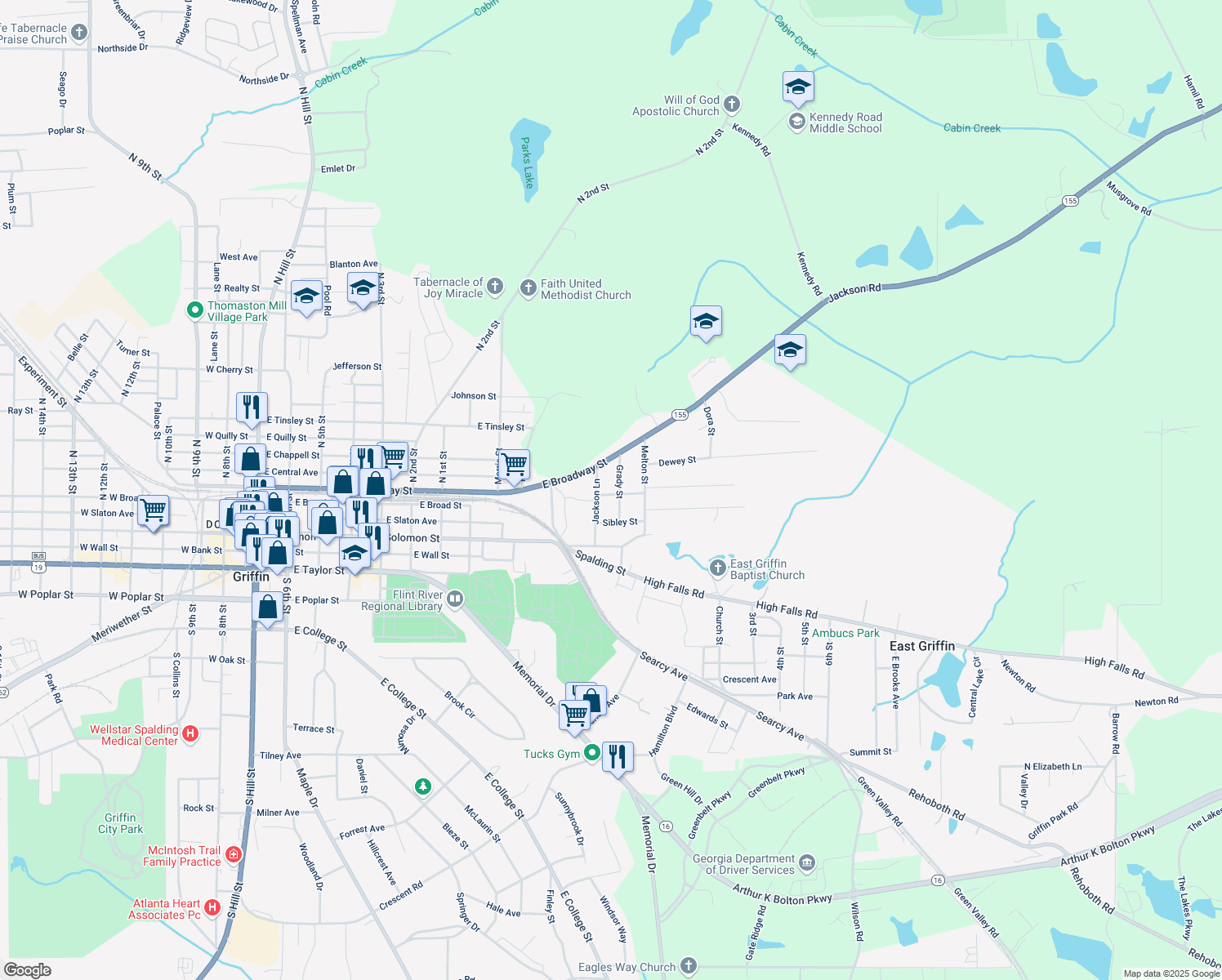 map of restaurants, bars, coffee shops, grocery stores, and more near 911 Clayton Street in Griffin