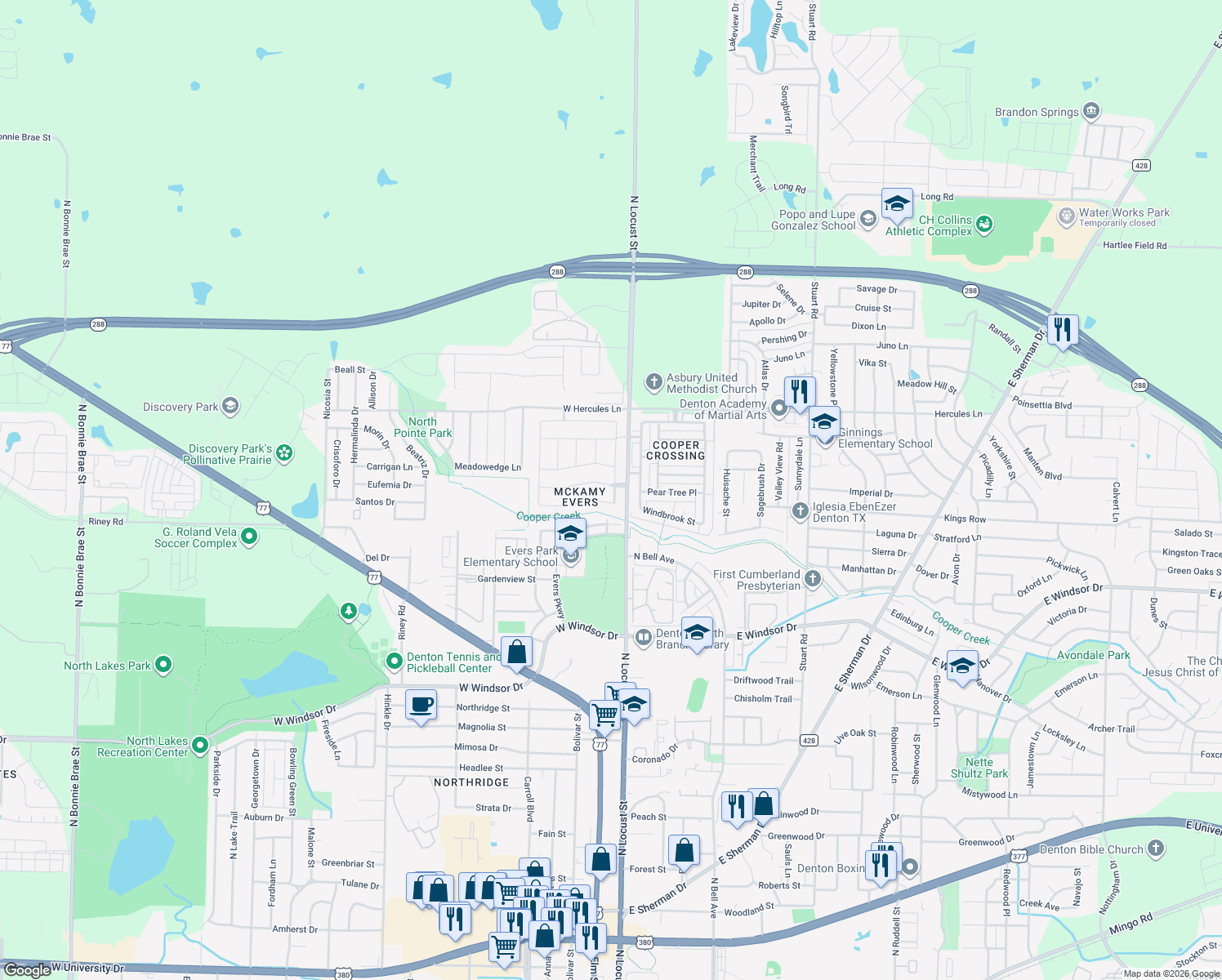map of restaurants, bars, coffee shops, grocery stores, and more near 101 McKamy Boulevard in Denton