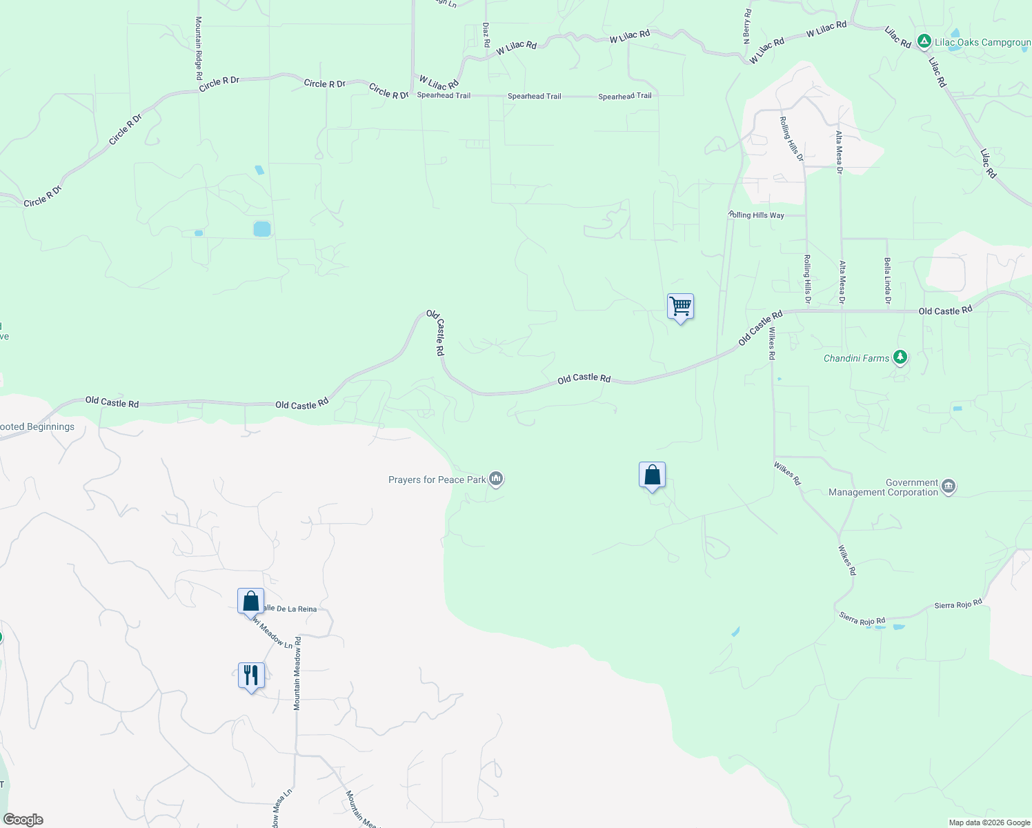 map of restaurants, bars, coffee shops, grocery stores, and more near 29792 Castleridge Road in Valley Center