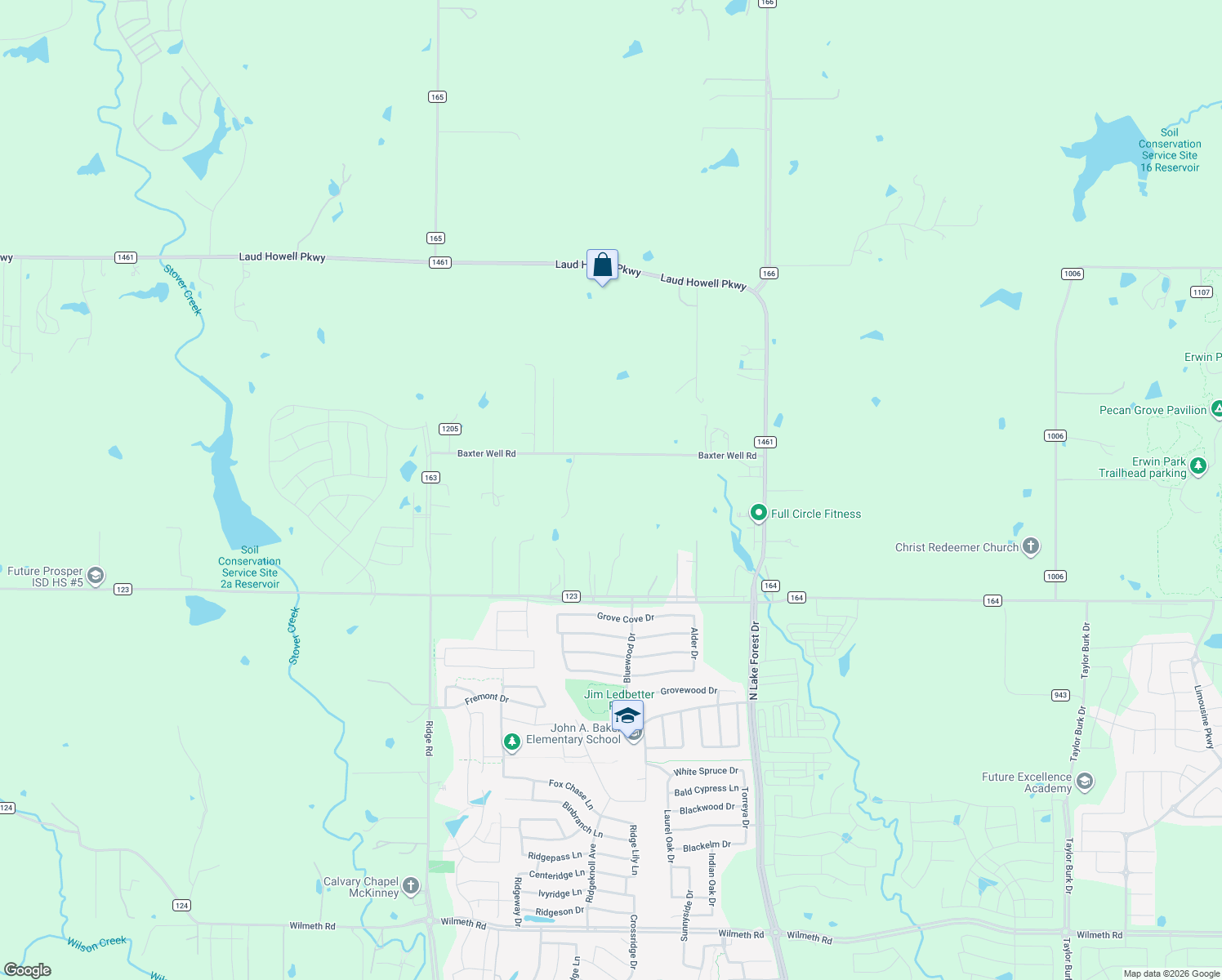 map of restaurants, bars, coffee shops, grocery stores, and more near 5513 Baxter Well Road in McKinney
