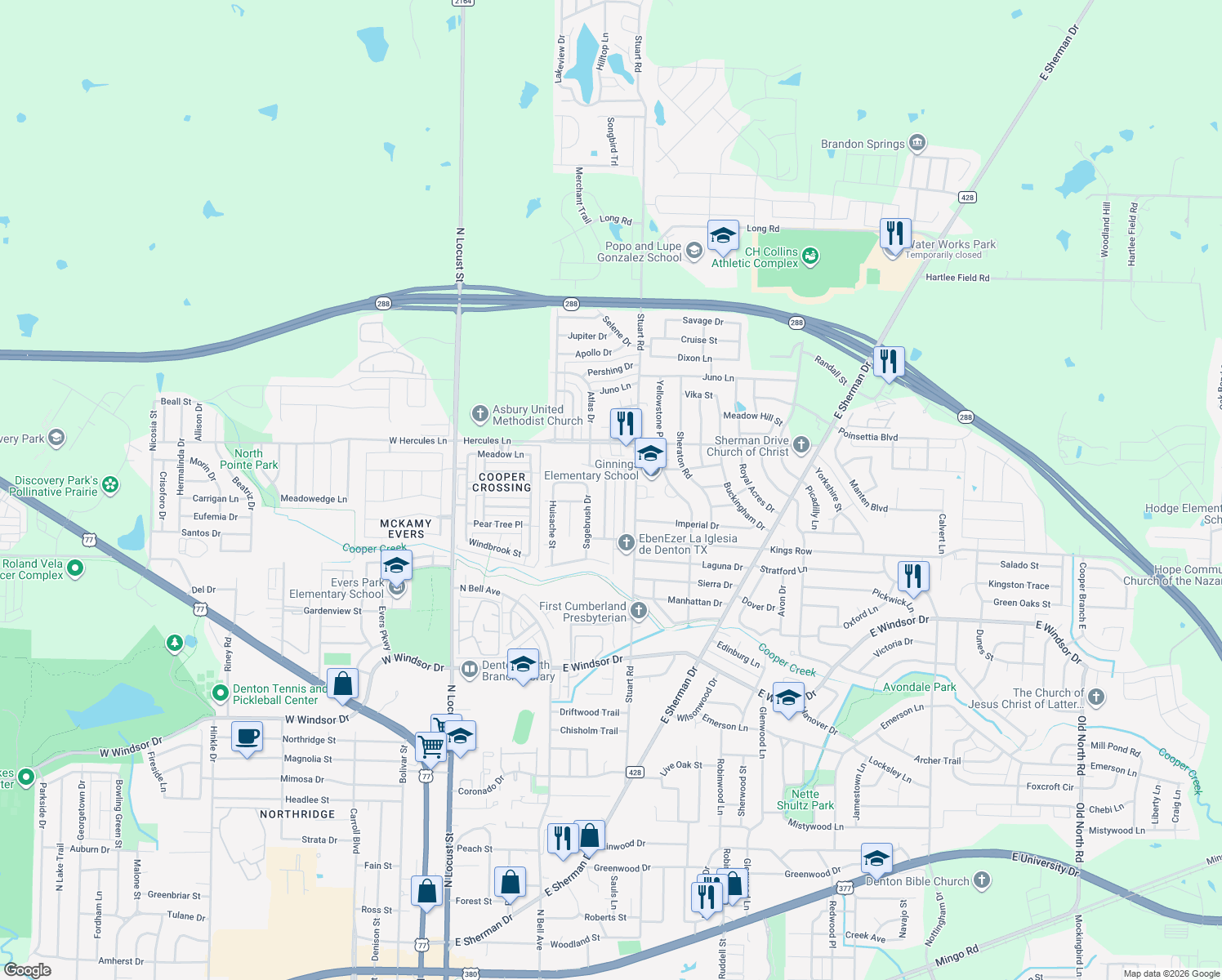 map of restaurants, bars, coffee shops, grocery stores, and more near 3518 Valley View Road in Denton
