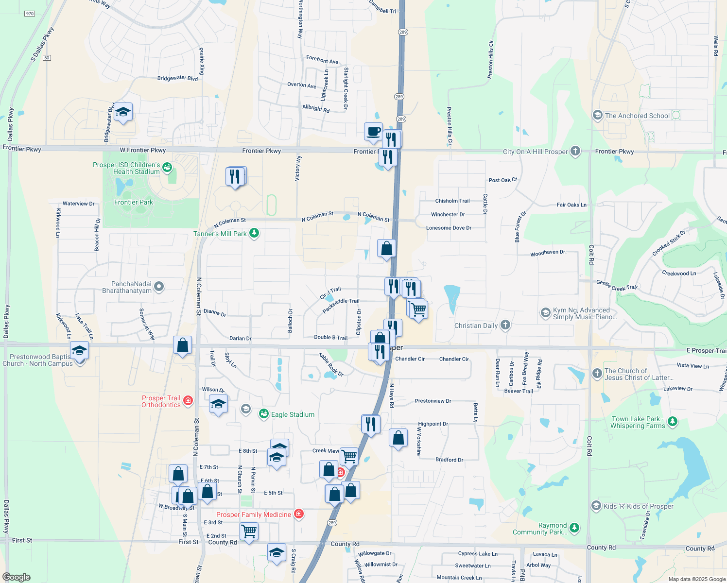 map of restaurants, bars, coffee shops, grocery stores, and more near 1210 Circle J Trail in Prosper