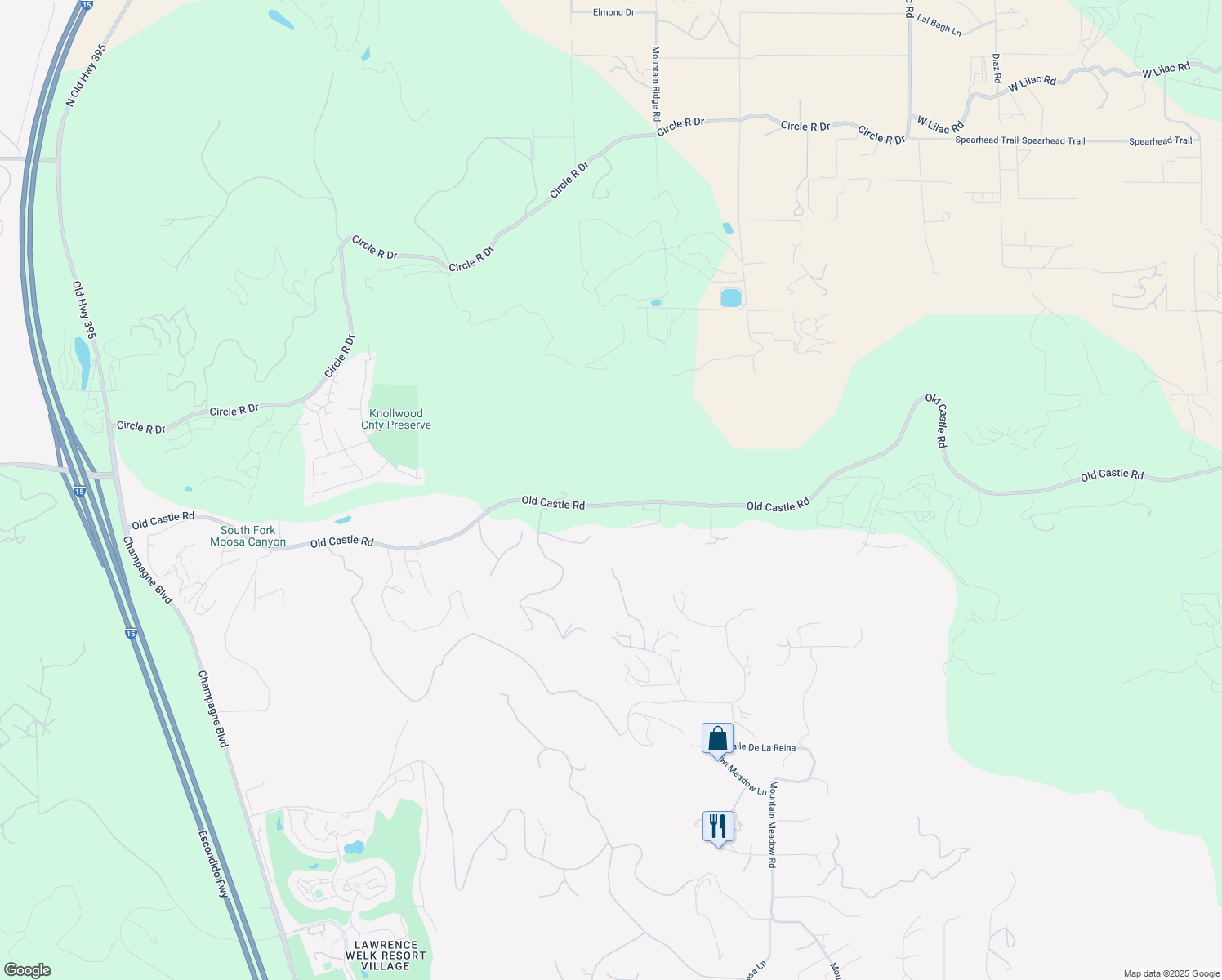 map of restaurants, bars, coffee shops, grocery stores, and more near 9504 Old Castle Road in Valley Center