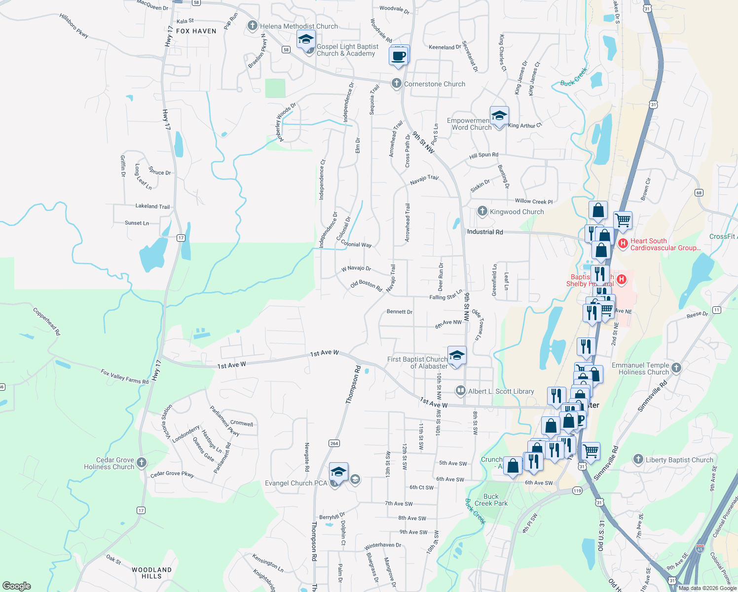 map of restaurants, bars, coffee shops, grocery stores, and more near 704 Colonial Drive in Alabaster