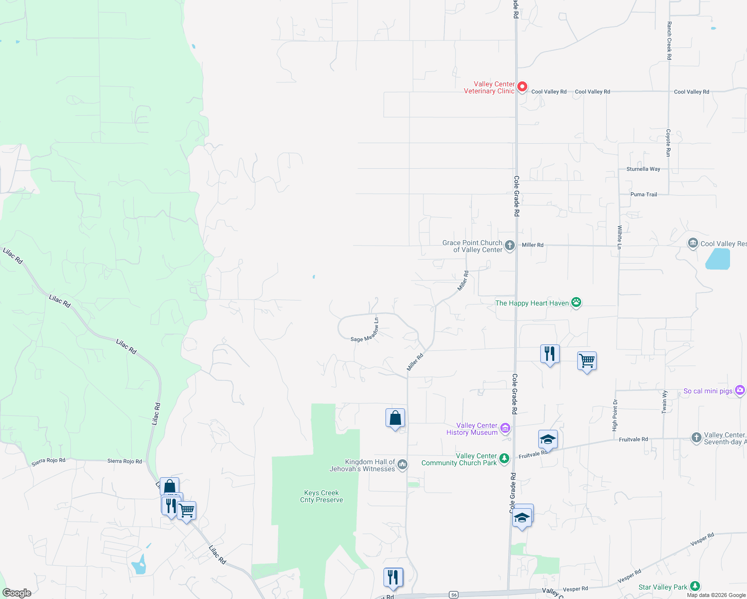 map of restaurants, bars, coffee shops, grocery stores, and more near 13640 Sage Meadow Lane in Valley Center