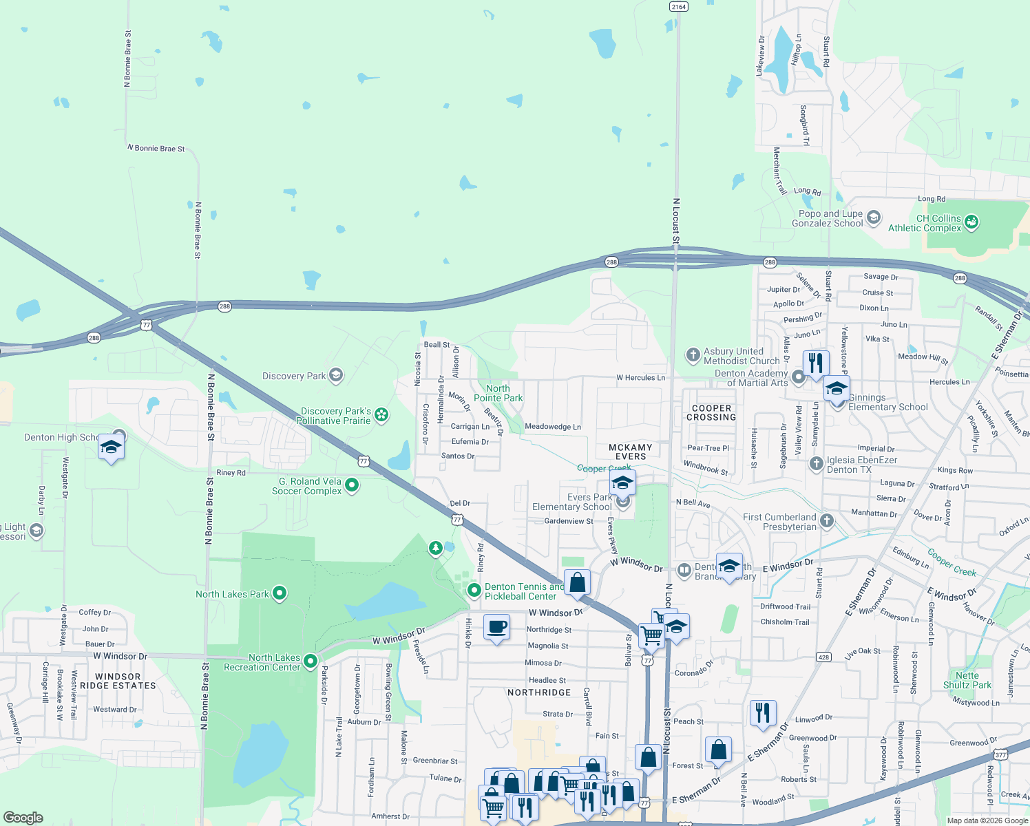 map of restaurants, bars, coffee shops, grocery stores, and more near 3601 Fallmeadow Street in Denton