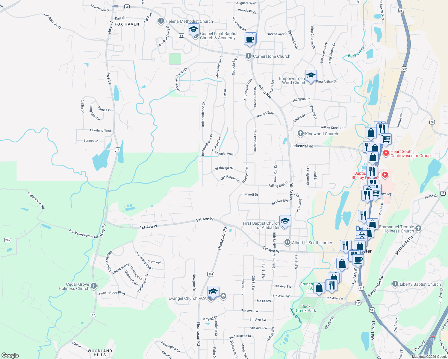 map of restaurants, bars, coffee shops, grocery stores, and more near 1356 Old Boston Road in Alabaster
